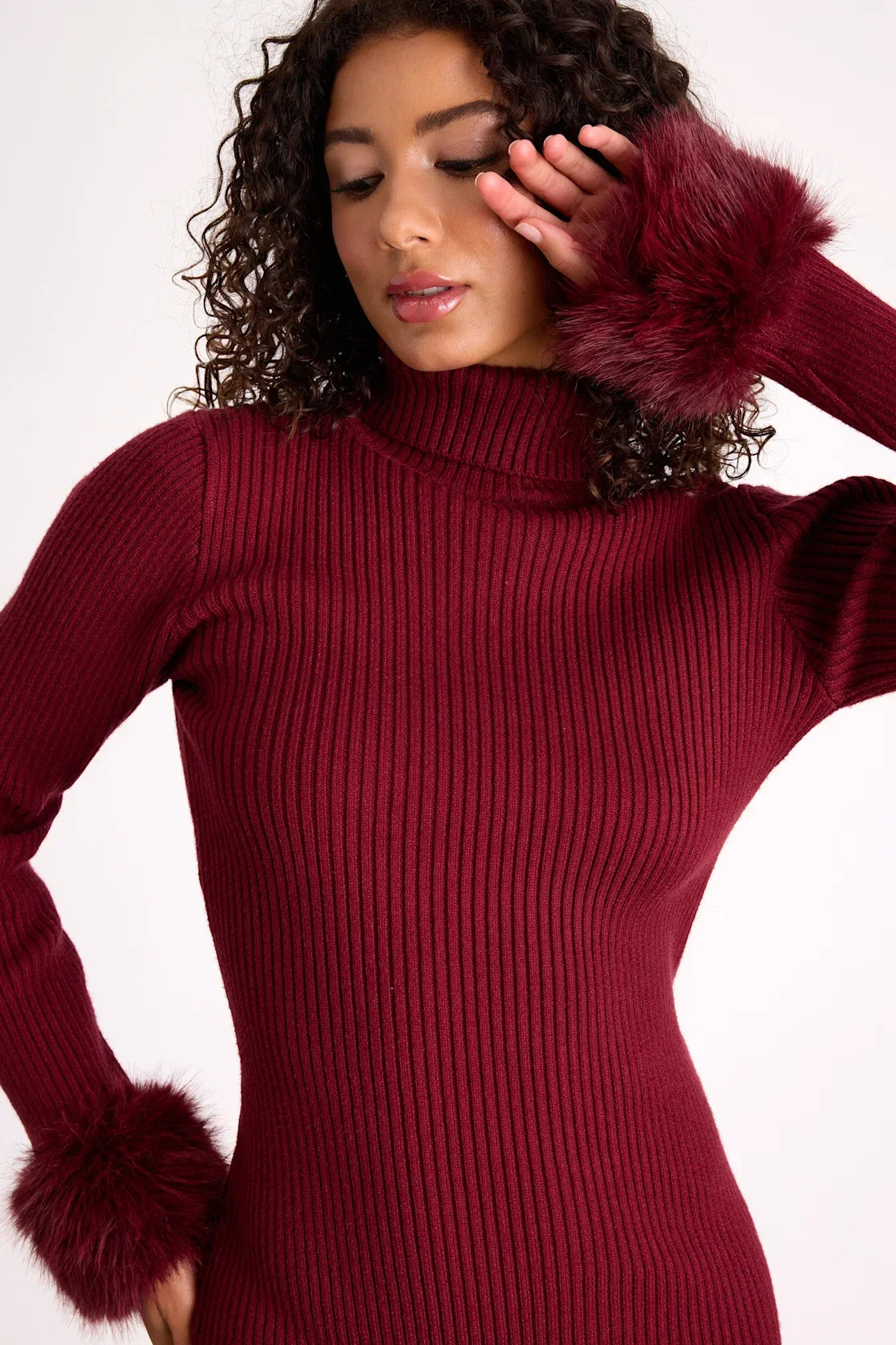 Labelle Wine Red Ribbed Faux Fur Sweater Mini Dress
