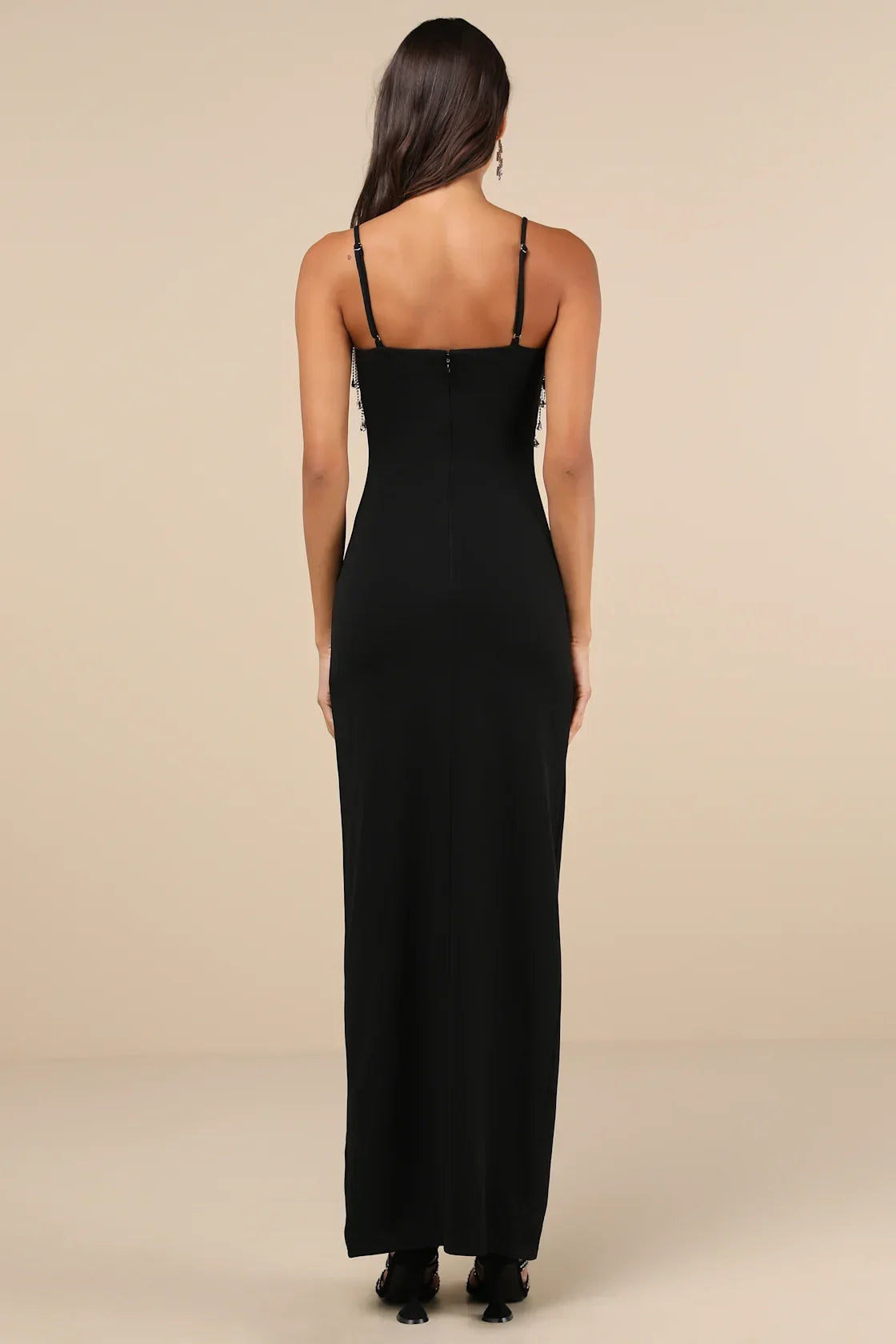 Divine Extravagance Black Rhinestone Fringe Bustier Maxi Dress