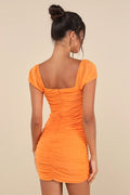 Sensational Instincts Orange Mesh Ruched Bodycon Mini Dress