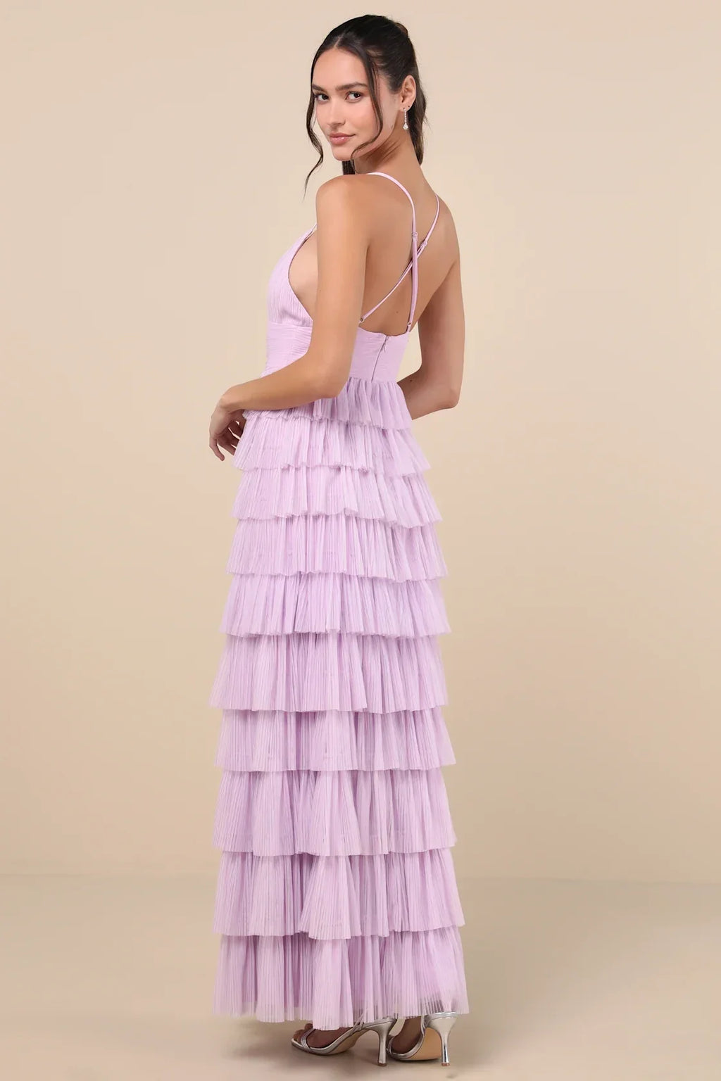 Radiant Event Lavender Mesh Tiered Ruffled Backless Maxi Dress
