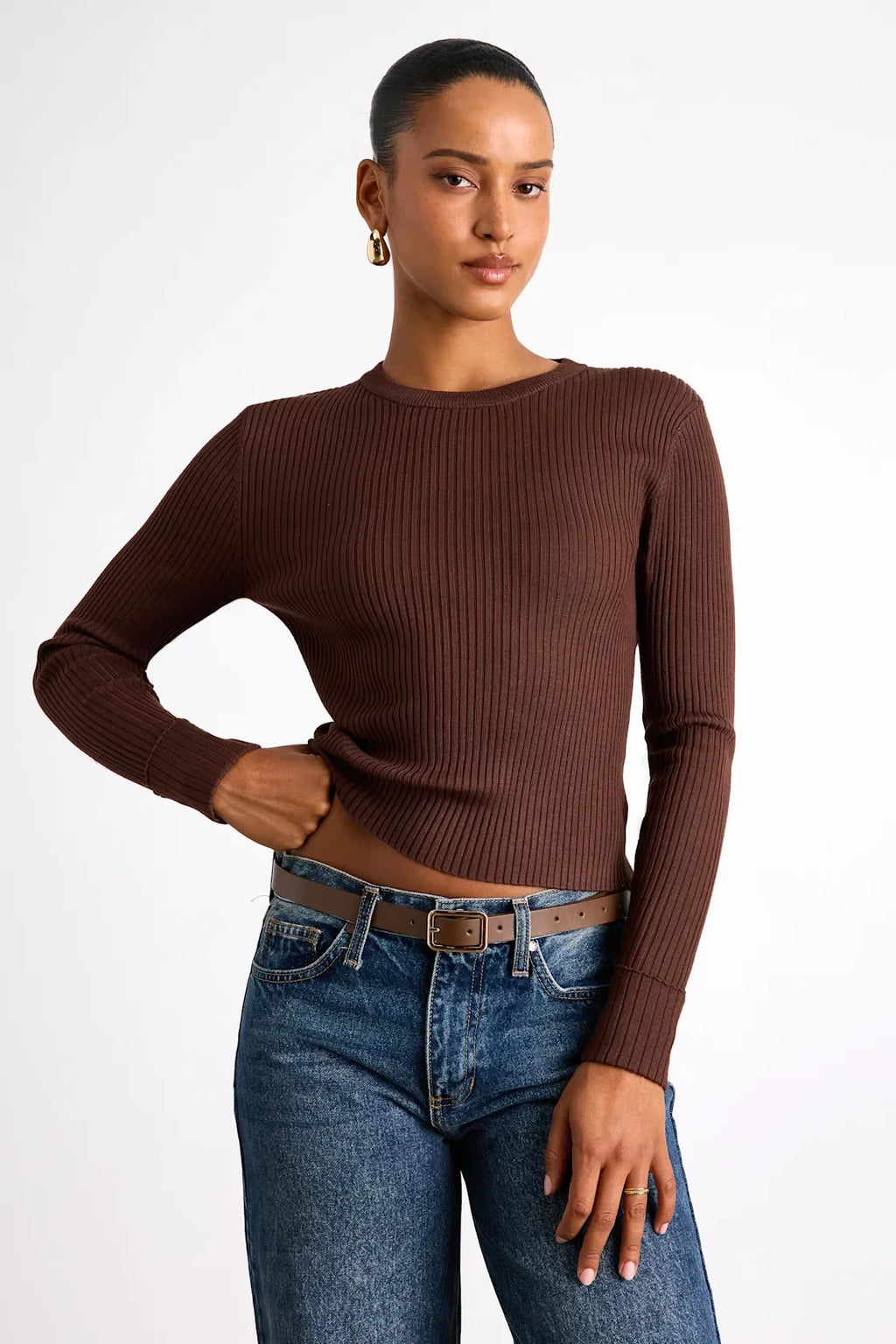 Karlee Dark Teal Blue Ribbed Knit Long Sleeve Sweater Top