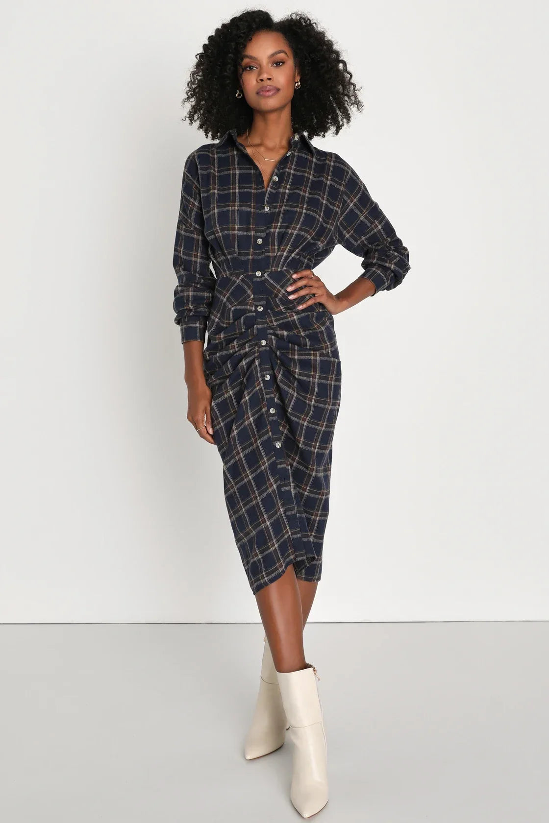 Seasonal Spirit Navy Blue Plaid Ruched Long Sleeve Midi Dress