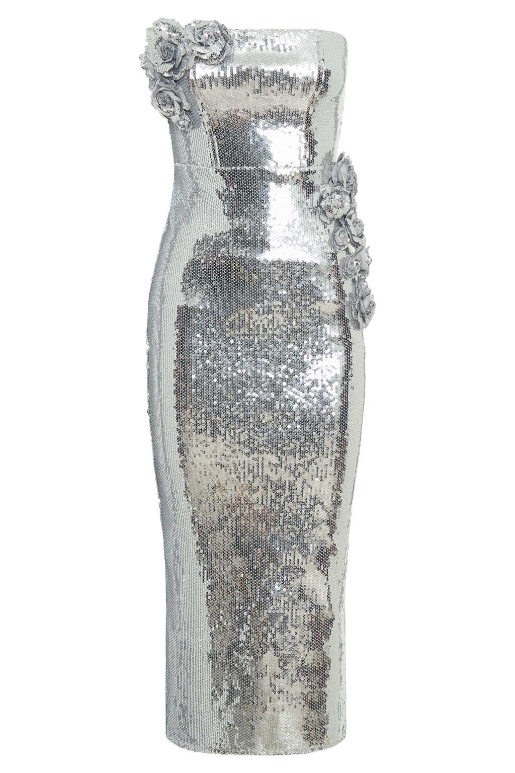 Cassia Strapless Sequin Rose Midi Dress - Silver