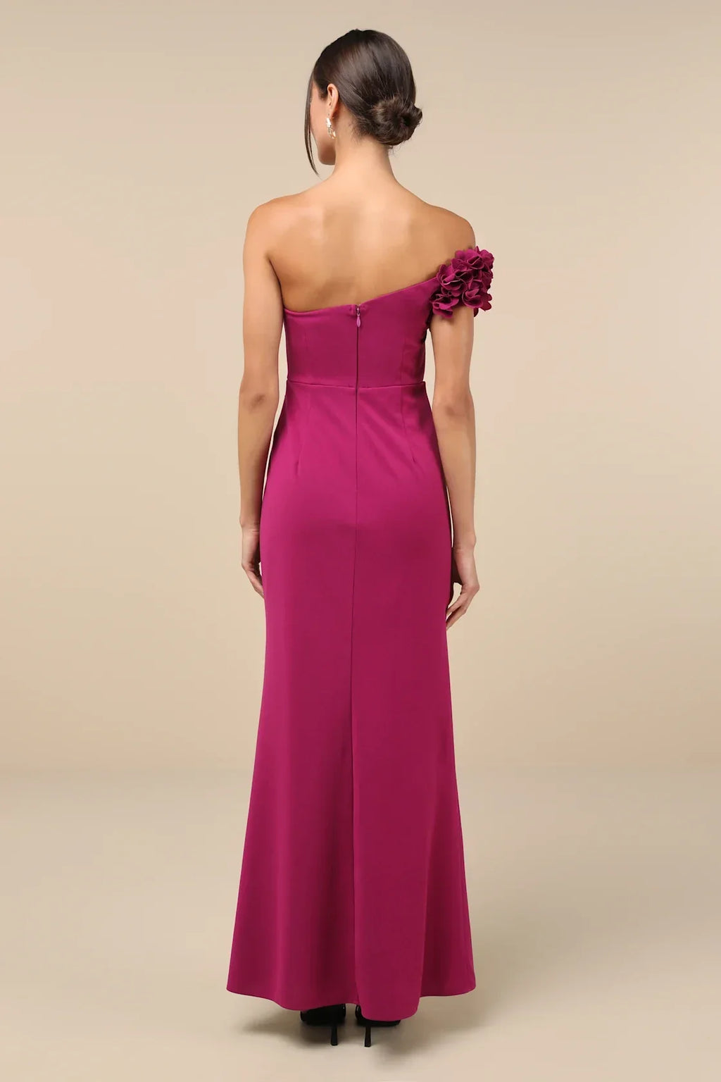 Beyond Elegant Black 3D Floral One-Shoulder Maxi Dress