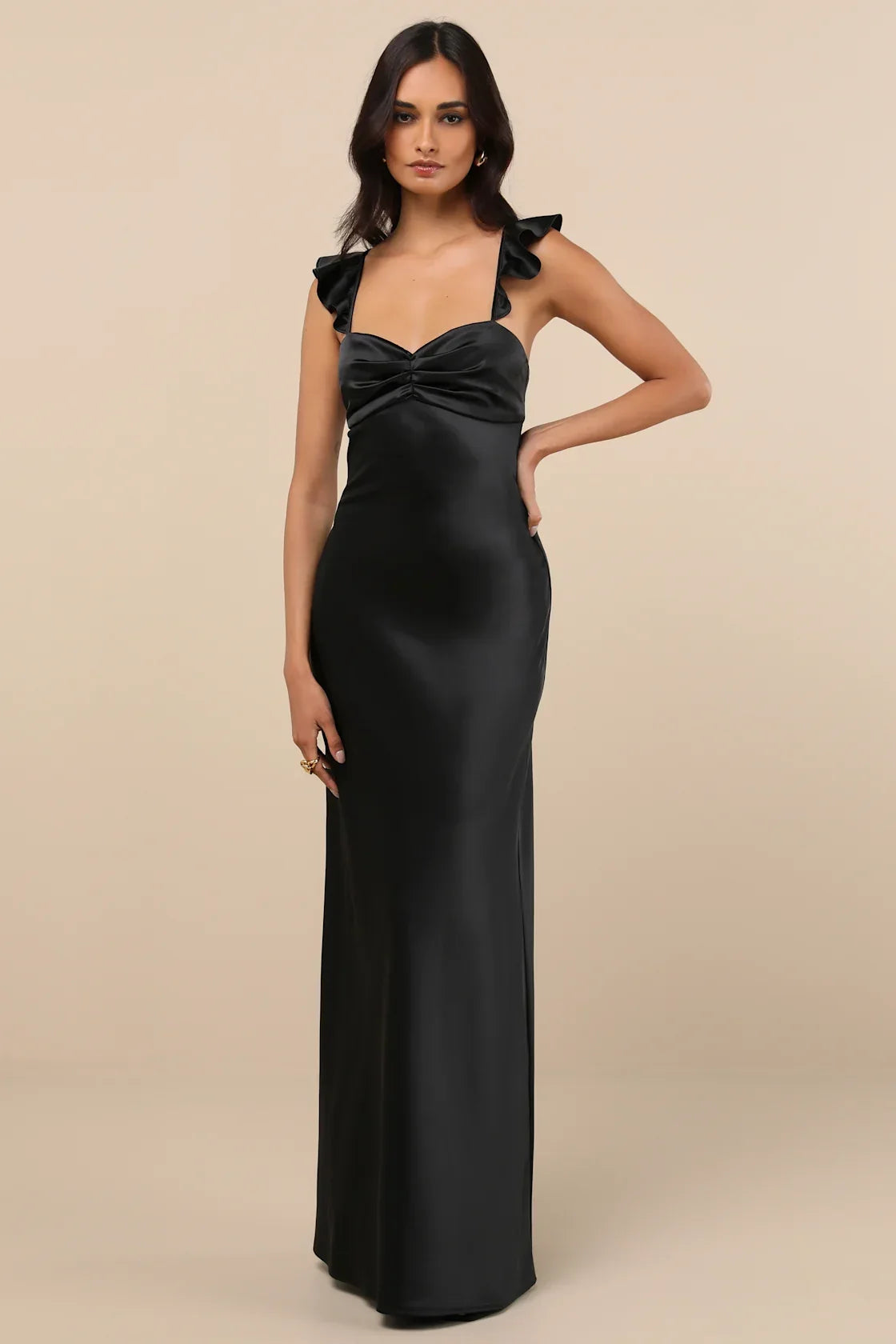 Exuberant Luxury Rust Satin Ruffled Lace-Up Maxi Dress