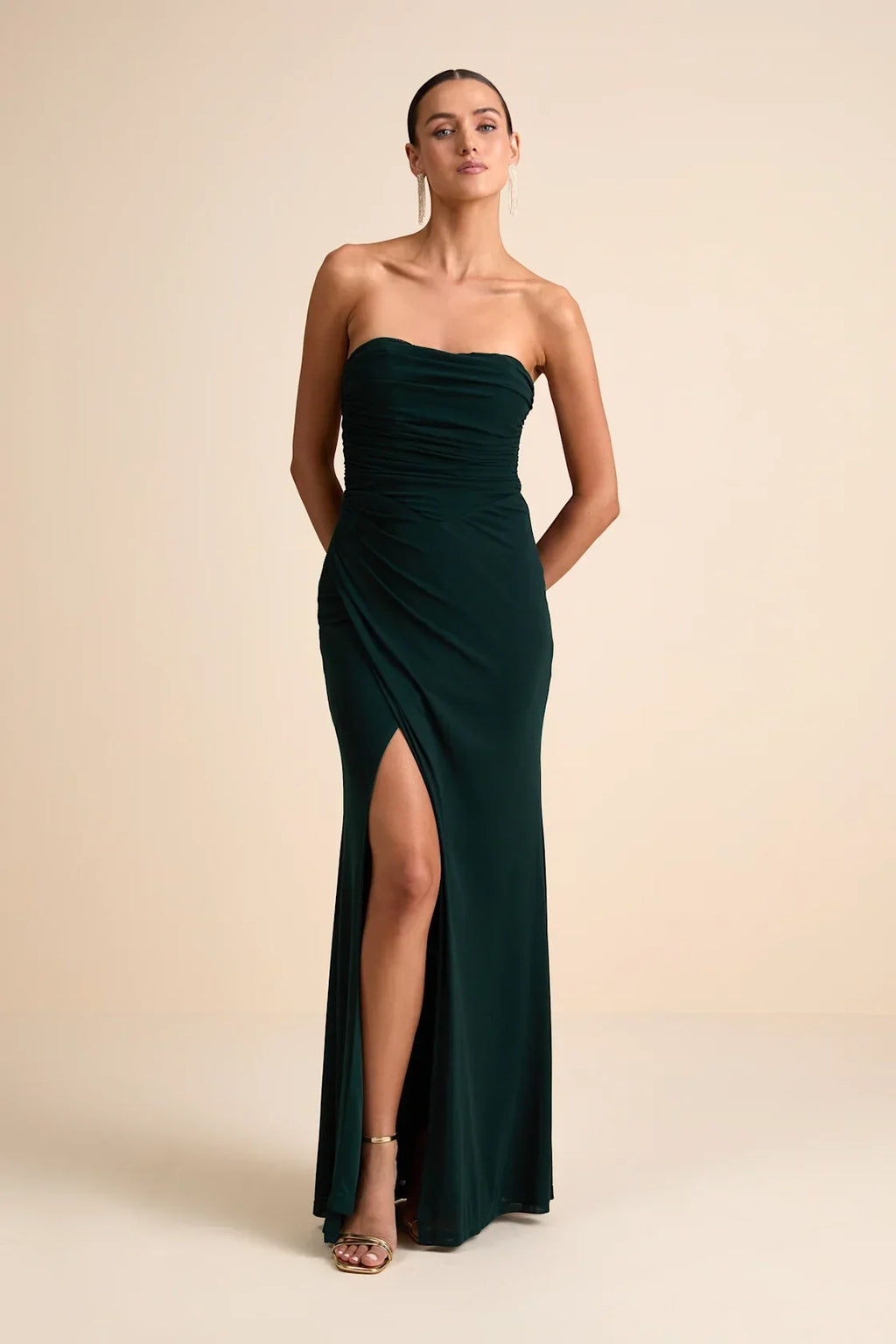 Epitome of Allure Emerald Green Strapless Ruched Tulip Maxi Dres