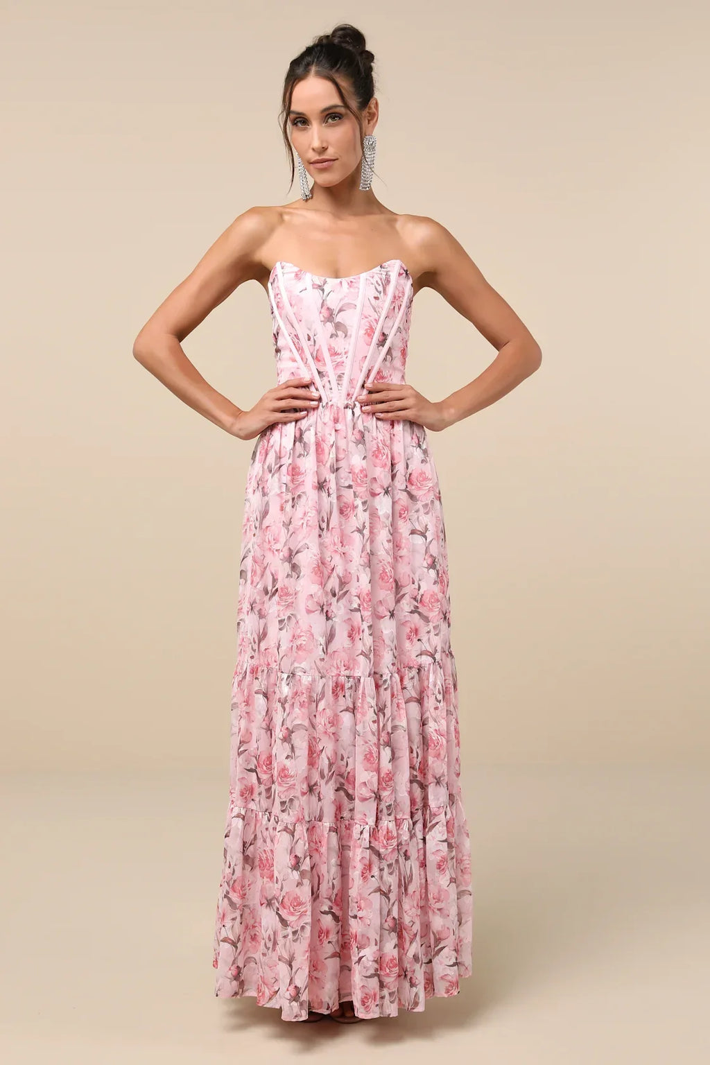 Special Moment Light Blue Floral Strapless Bustier Maxi Dress