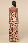 Romance in the Making Beige Floral Print Velvet Maxi Dress