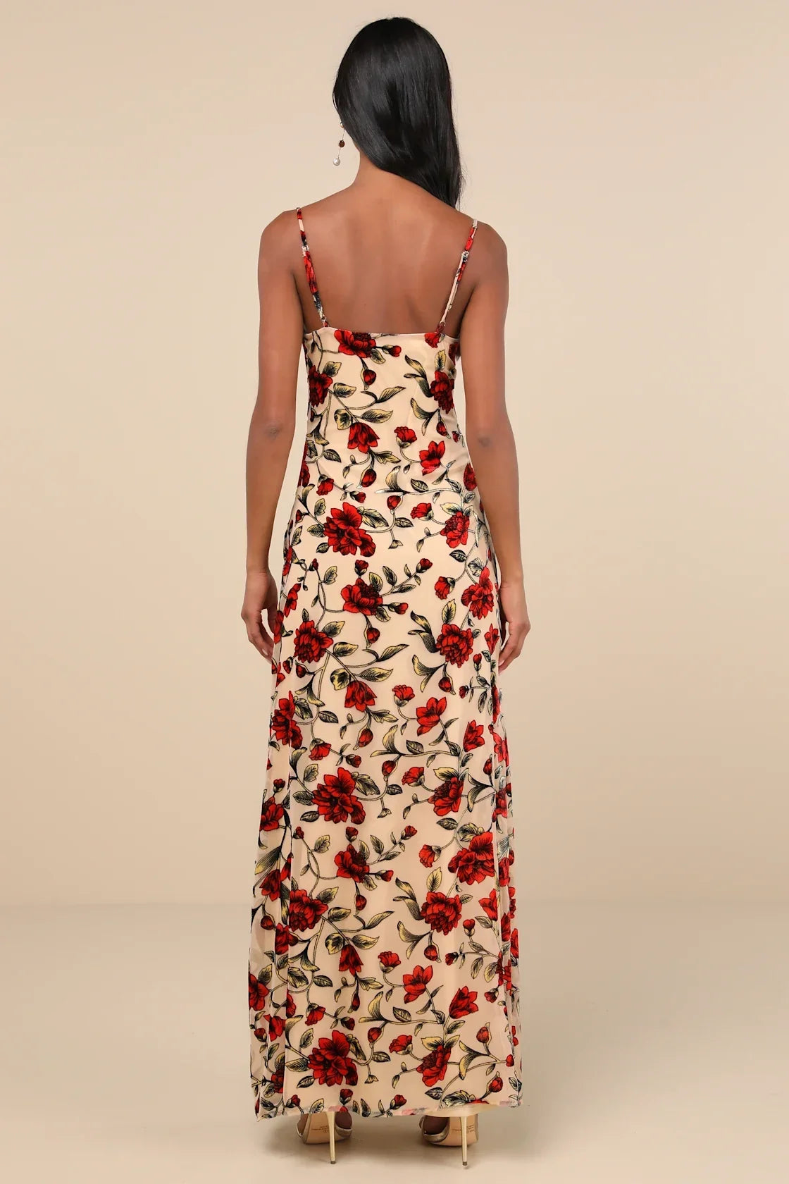 Romance in the Making Beige Floral Print Velvet Maxi Dress