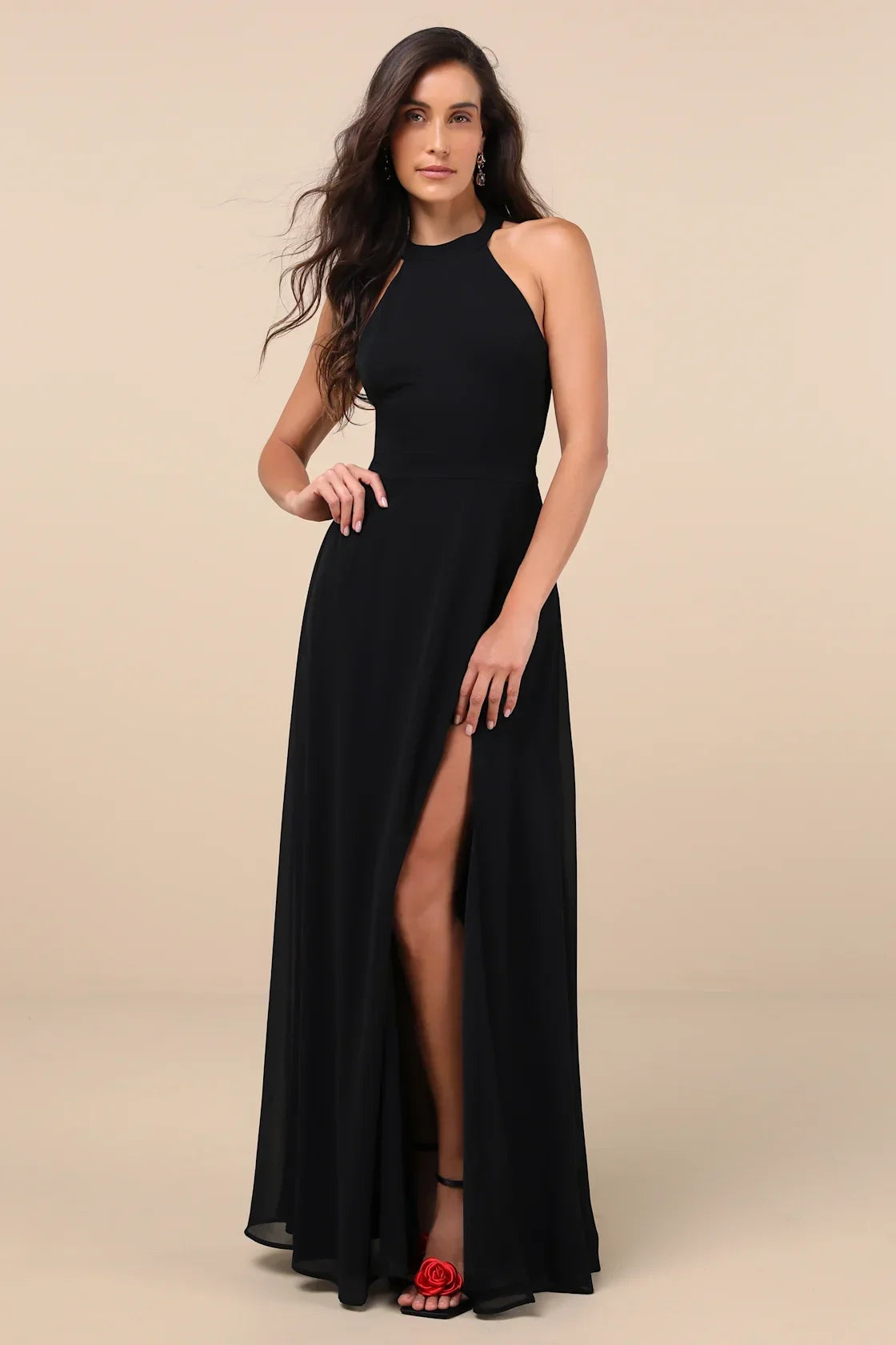 Confidently Charismatic Black Backless Halter Maxi Dress