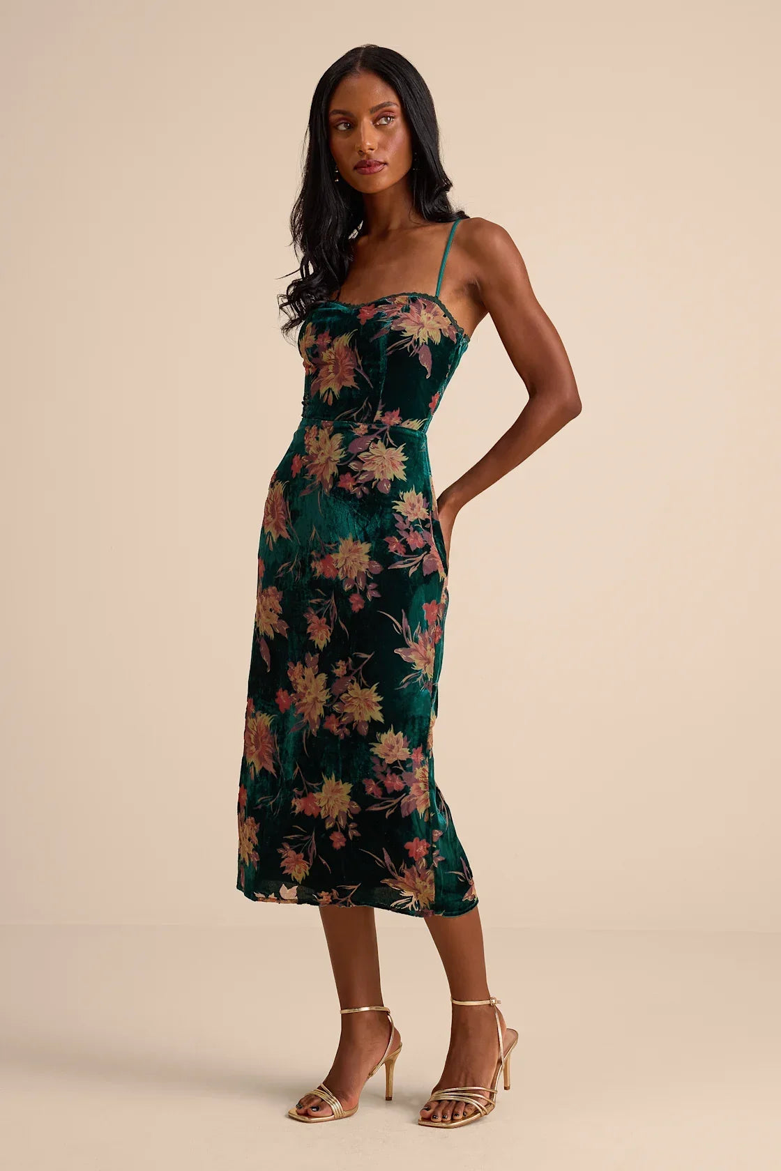 Erisa Burgundy Velvet Floral Burnout Midi Dress