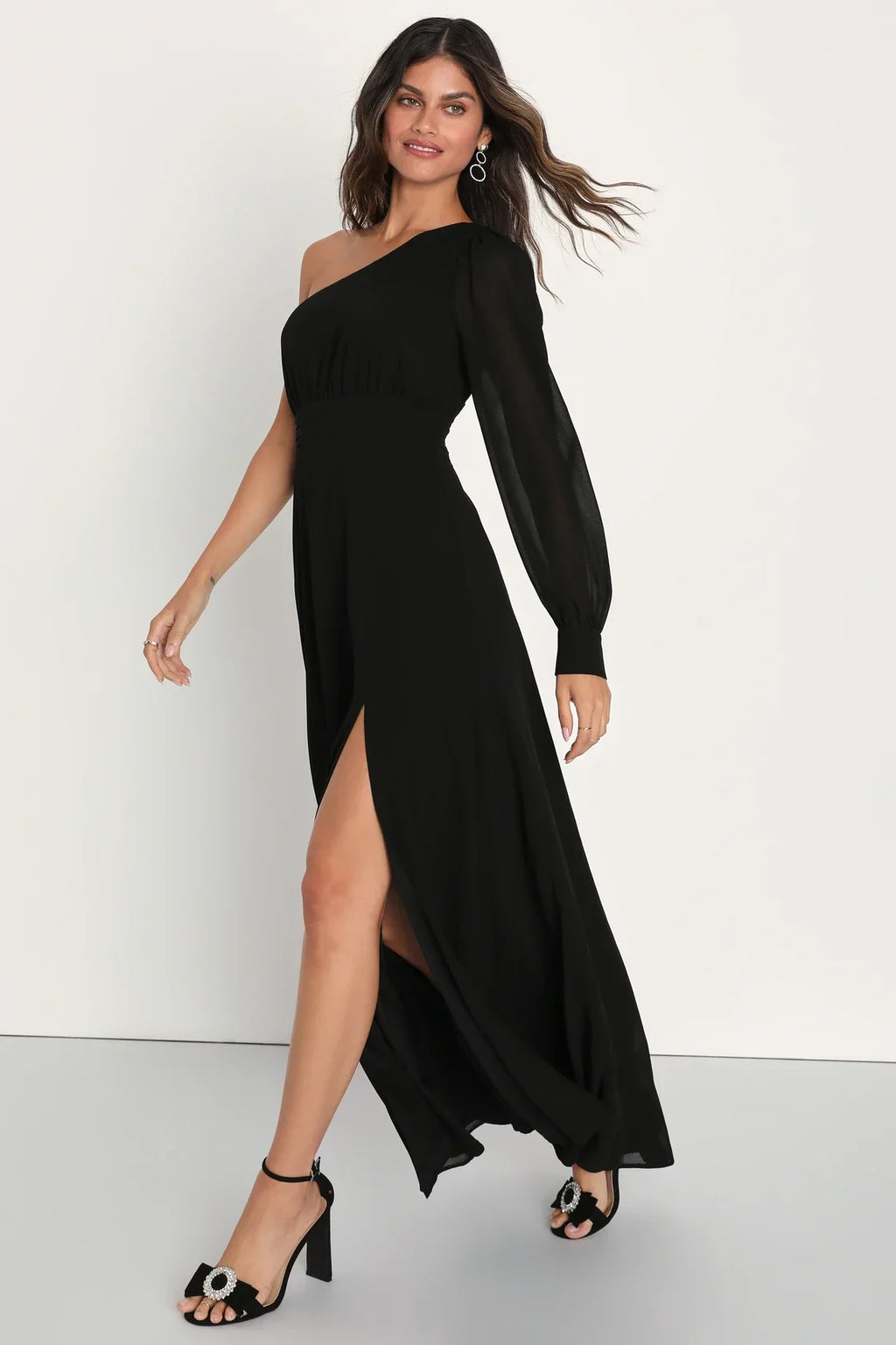 Graceful Elegance Black One-Shoulder Long Sleeve Maxi Dress