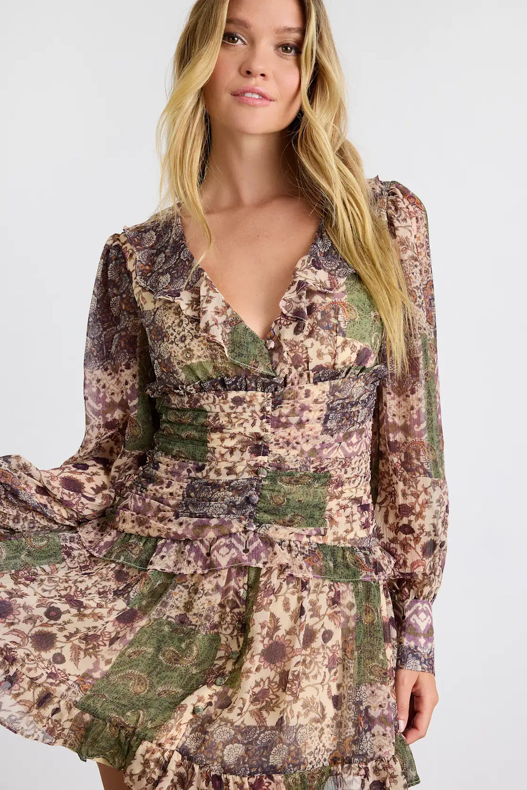 Ismini Beige Multi Patchwork Long Sleeve Mini Dress