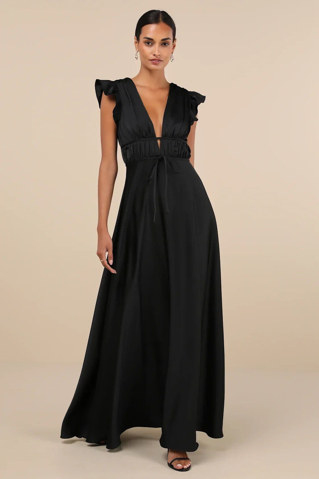 I'm All Yours Black Satin Cutout Ruffled Maxi Dress