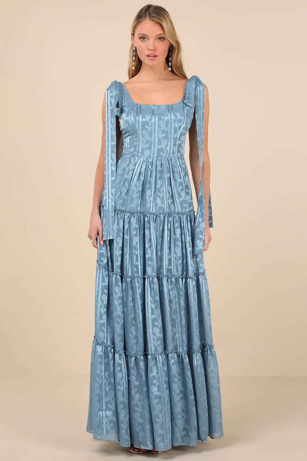 Picturesque Allure Green Jacquard Tie-Strap Maxi Dress