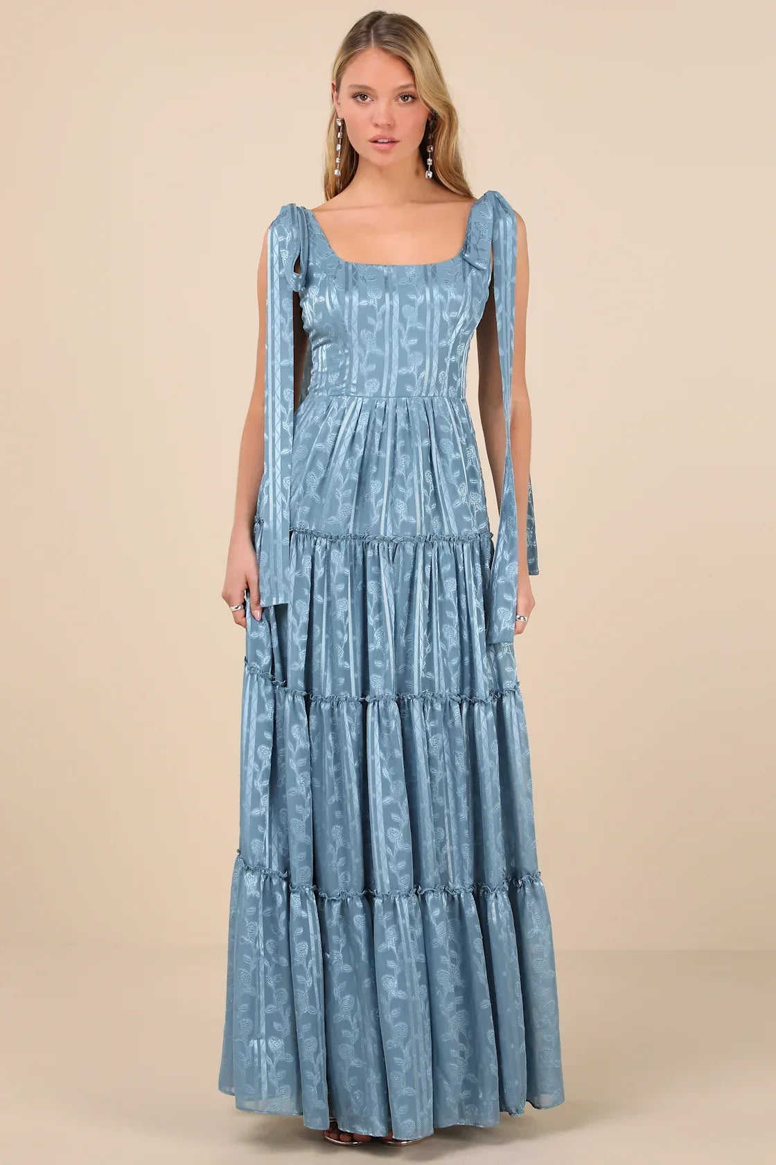 Picturesque Allure Green Jacquard Tie-Strap Maxi Dress
