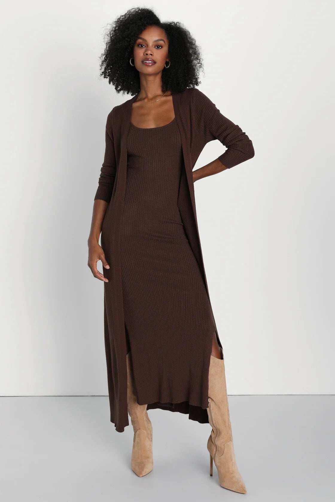 Layer Lover Rust Red Ribbed Knit Two-Piece Dress & Cardigan Set
