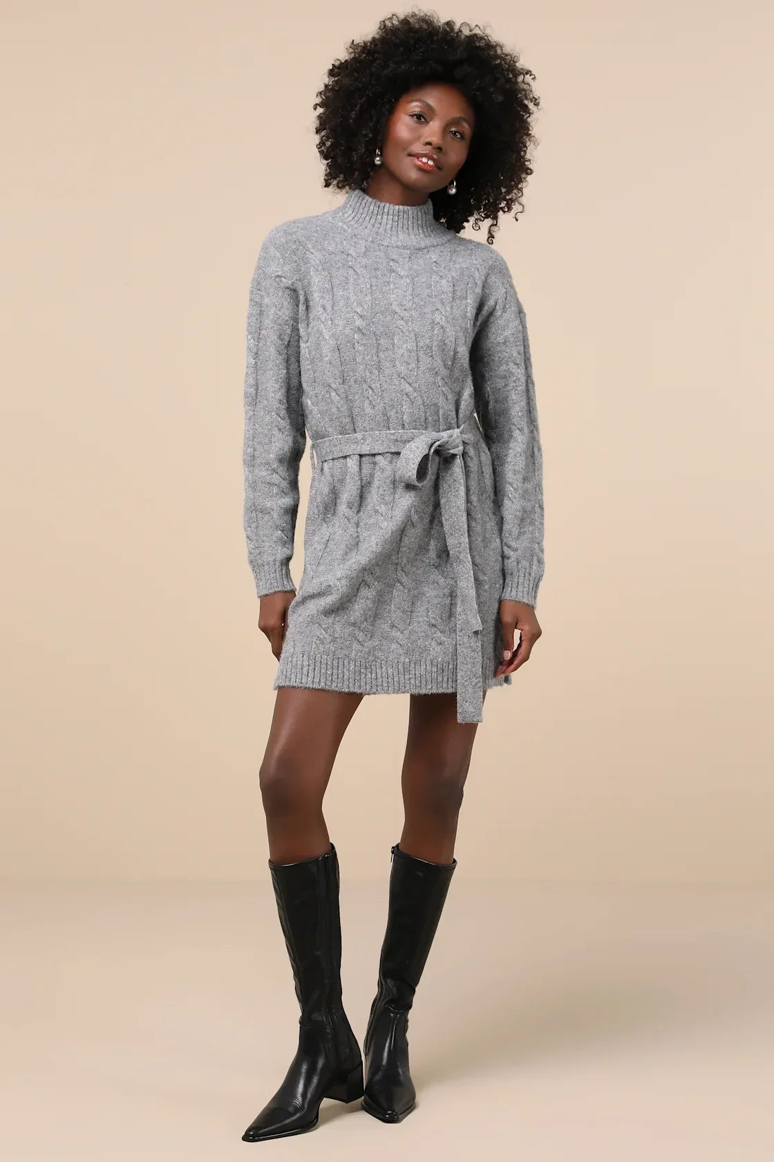 Warmed Up To You Cream Cable Knit Mock Neck Sweater Dress