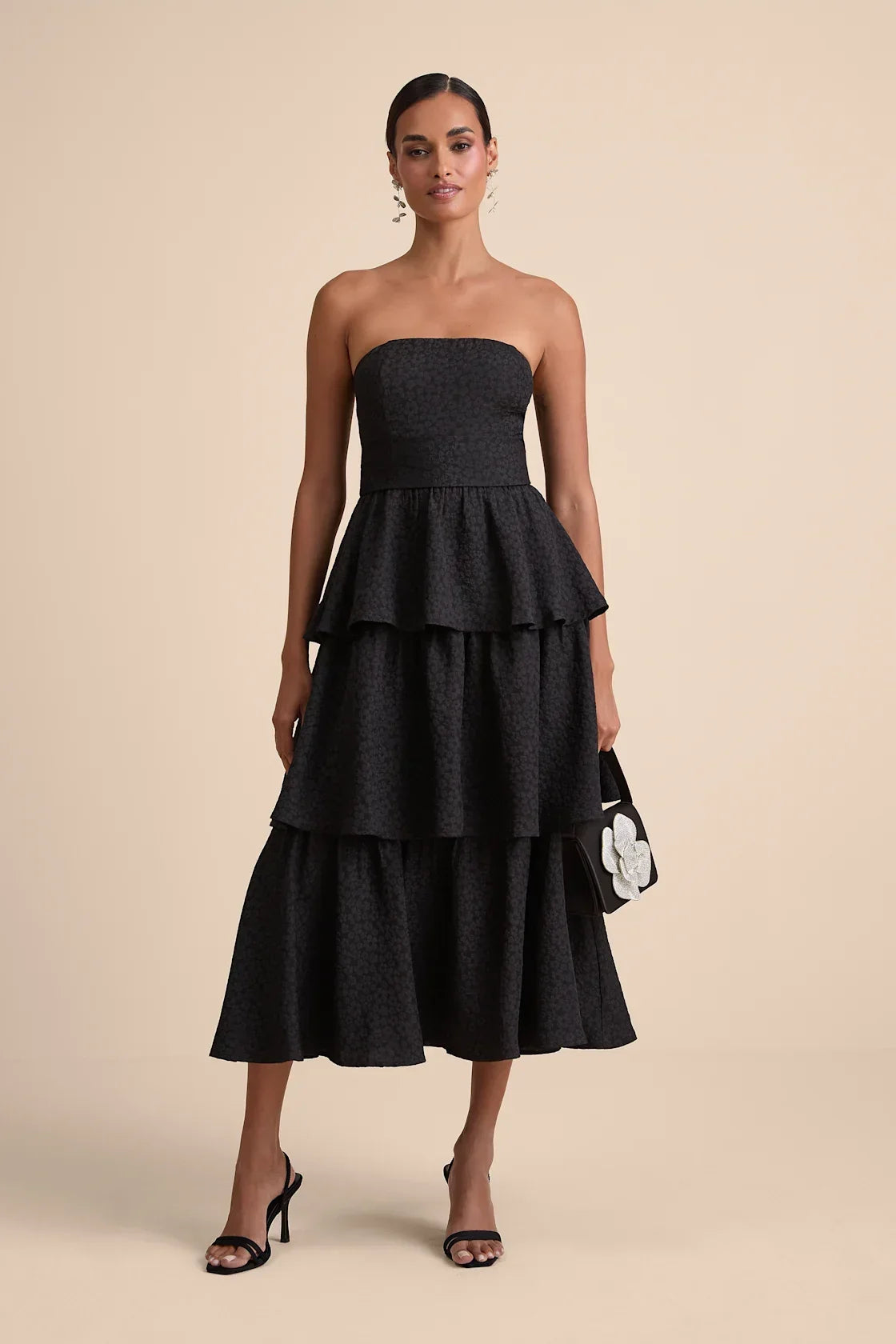 Truly Marvelous White Jacquard Strapless Tiered Midi Dress