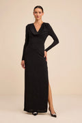 Rhodria Black Rhinestone Cowl Long Sleeve Maxi Dress