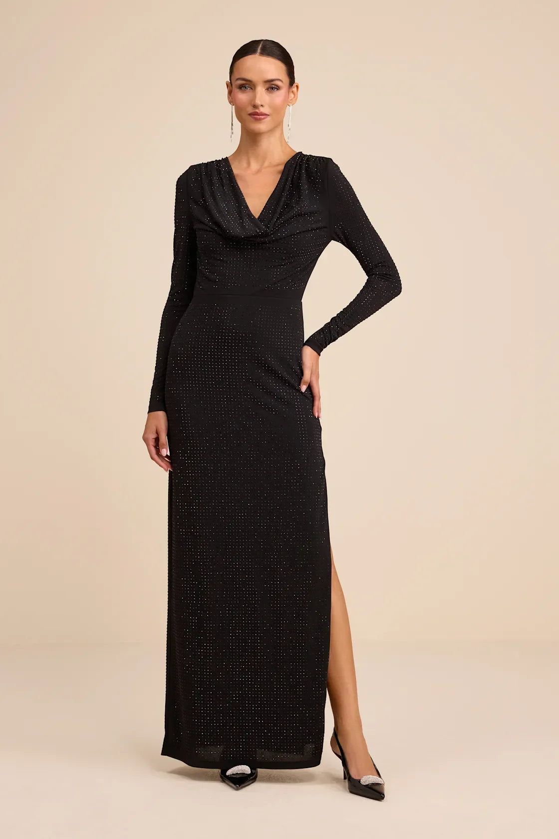 Rhodria Black Rhinestone Cowl Long Sleeve Maxi Dress