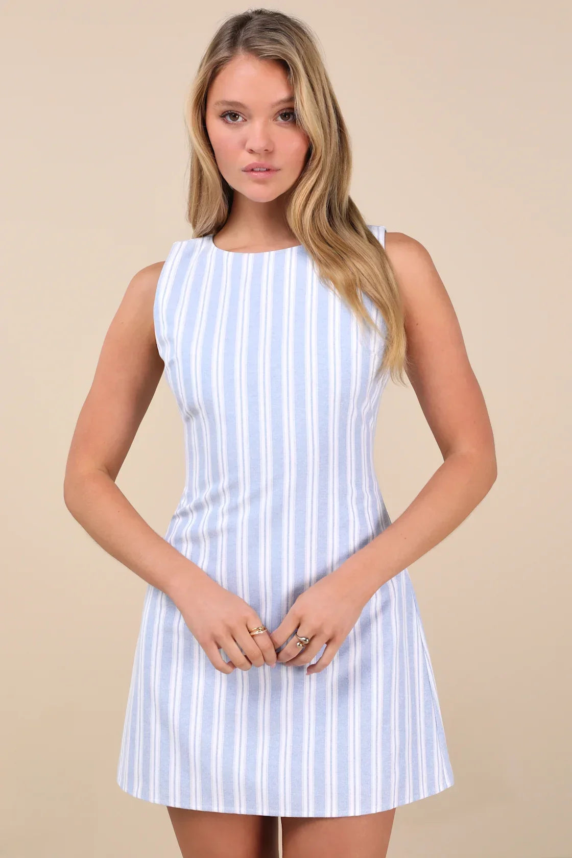 Alyvia Blue and White Striped Sleeveless Mini Dress
