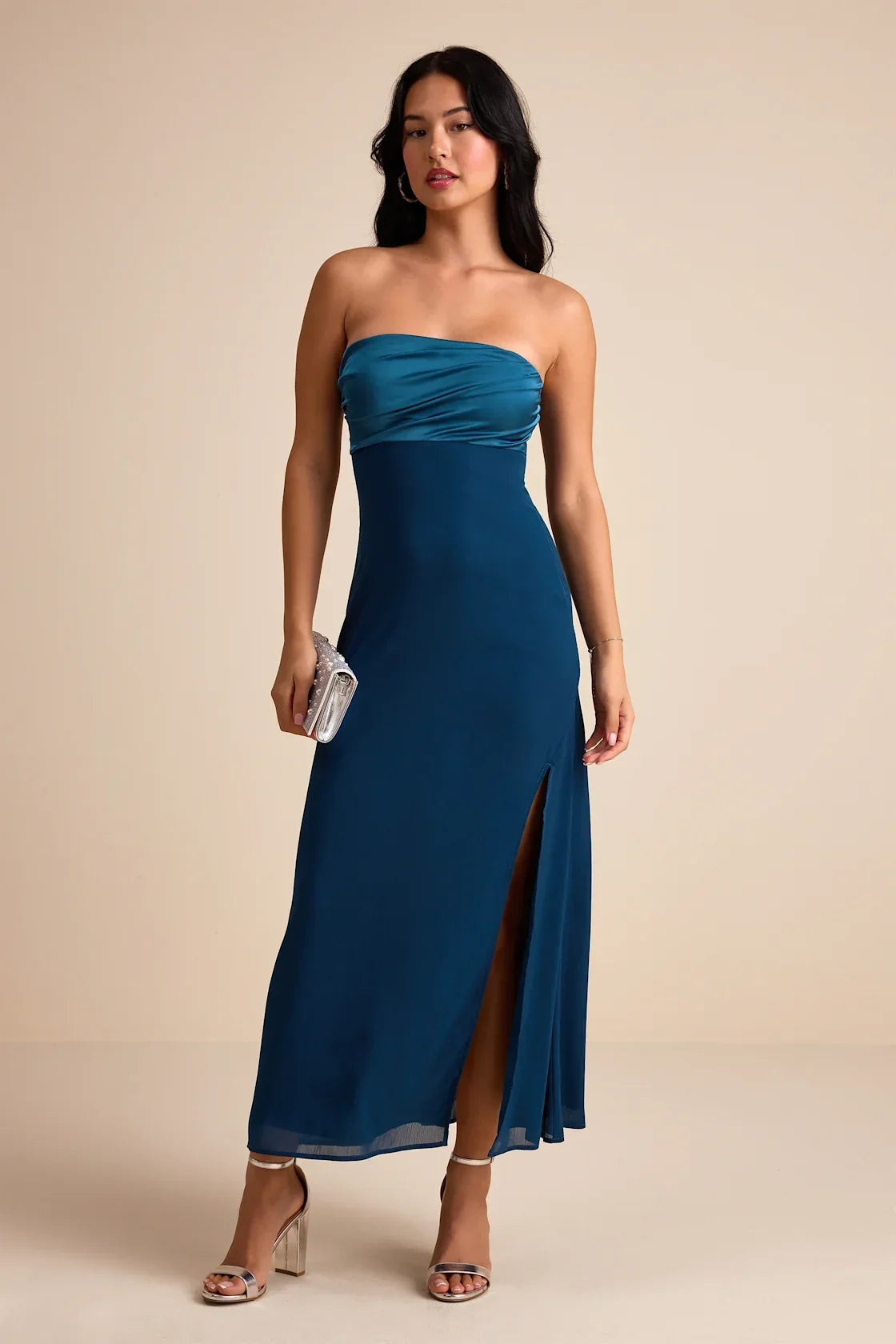 Devlin Dark Teal Mixed Media Strapless Midi Dress