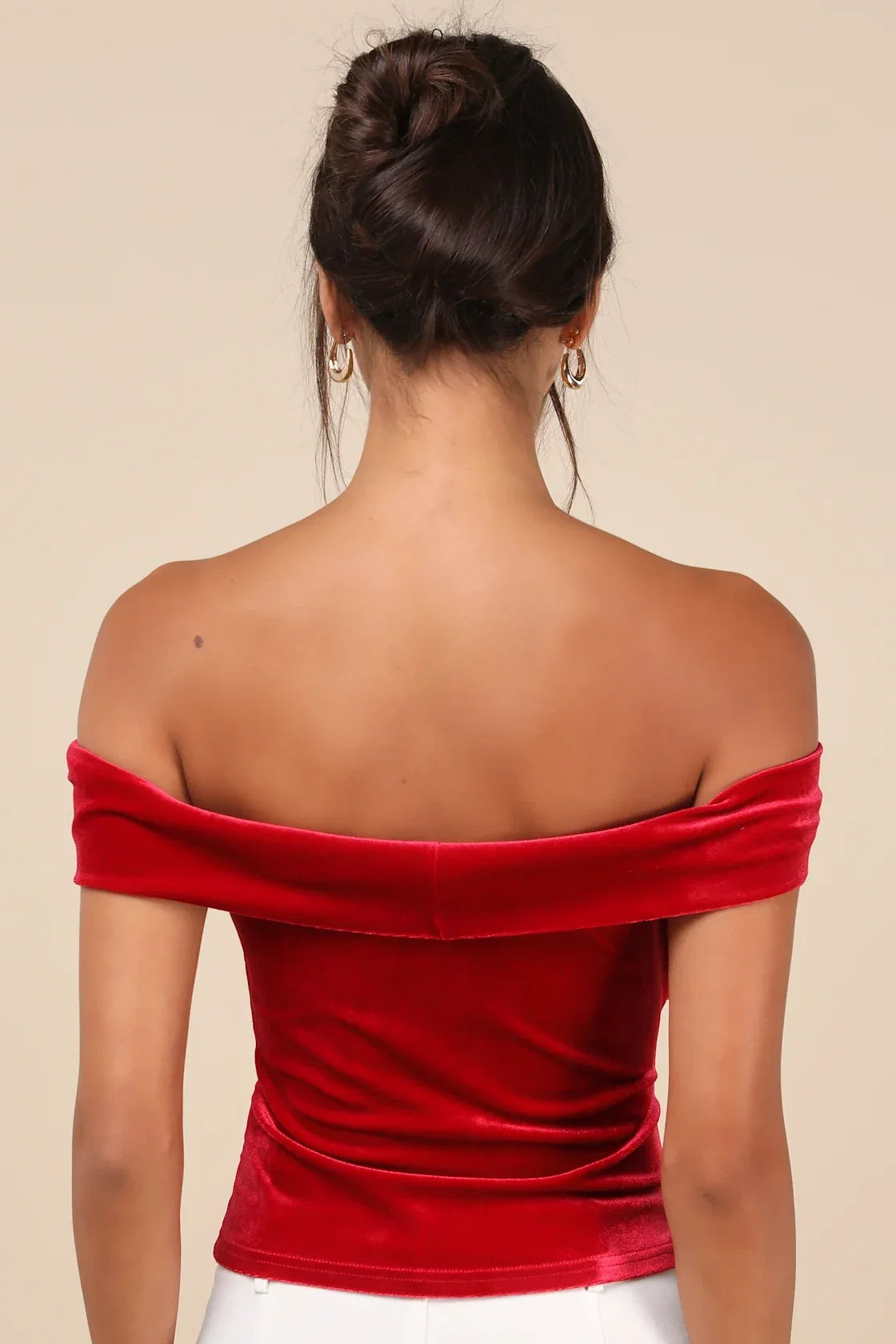 Ideal Attraction Red Velvet Off-the-Shoulder Top