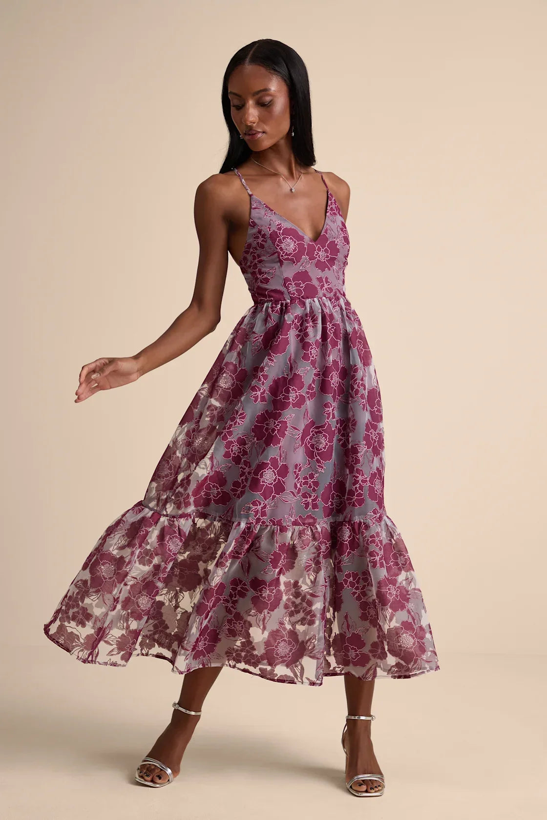 Feeling Like Forever Rose Jacquard Organza Lace-Up Midi Dress