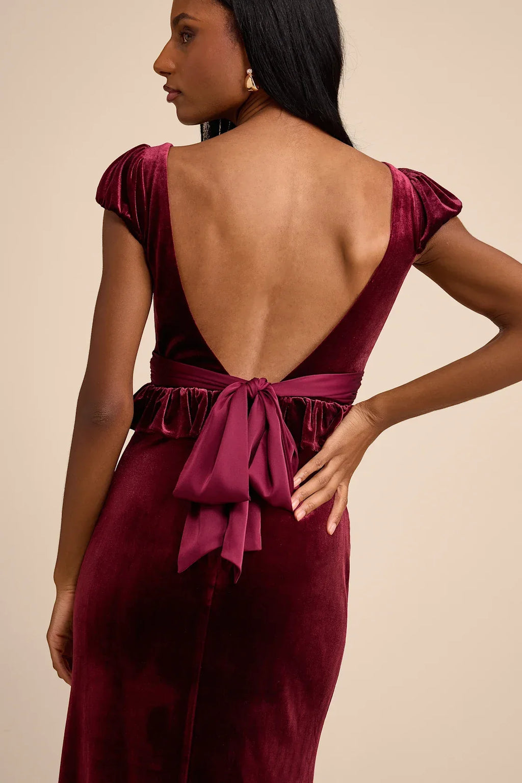 Romari Burgundy Velvet Ruffled Puff Sleeve Bow Maxi Dress