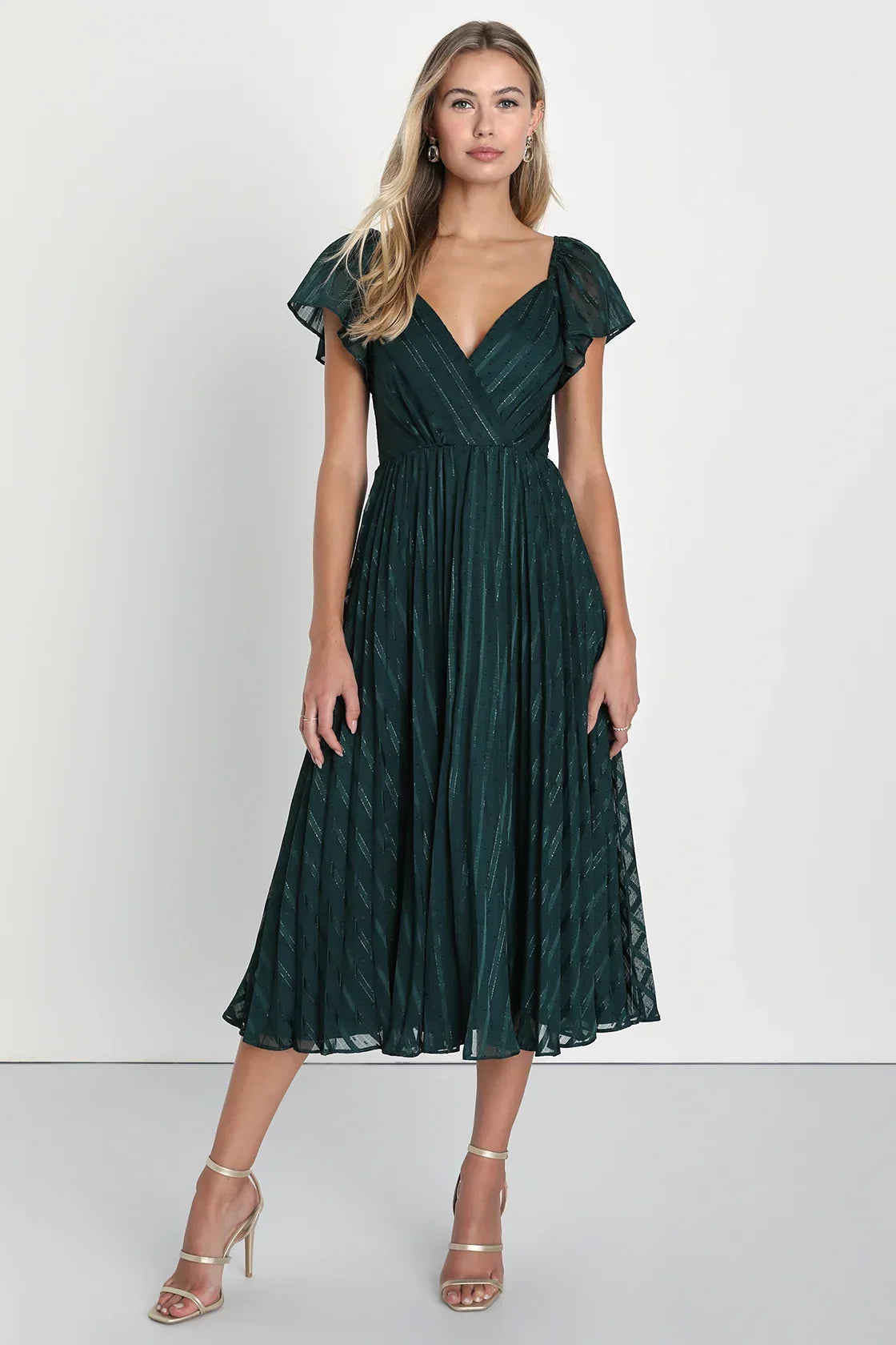 Standout Sophistication Mauve Lurex Flutter Sleeve Midi Dress