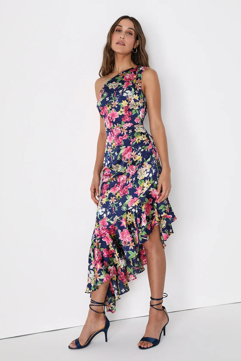 Divinely Blooming Lime Multi Floral One-Shoulder Midi Dress