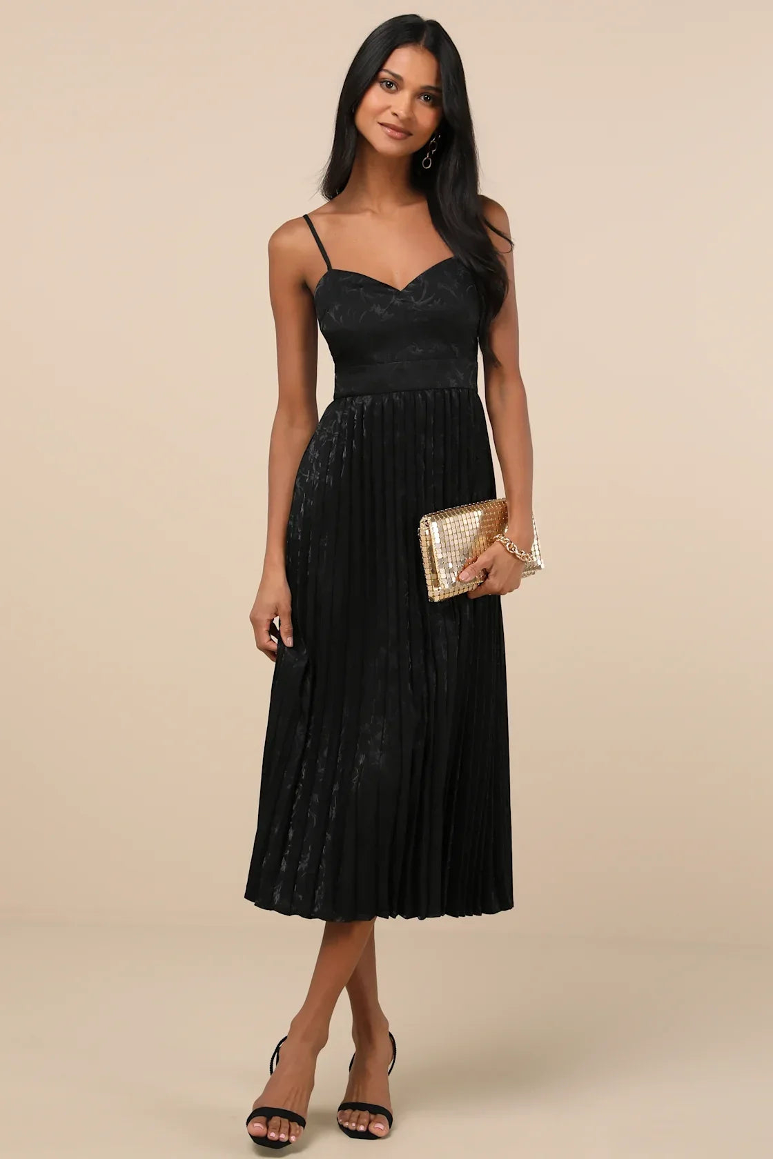Regal Romance Black Floral Jacquard Pleated Satin Midi Dress