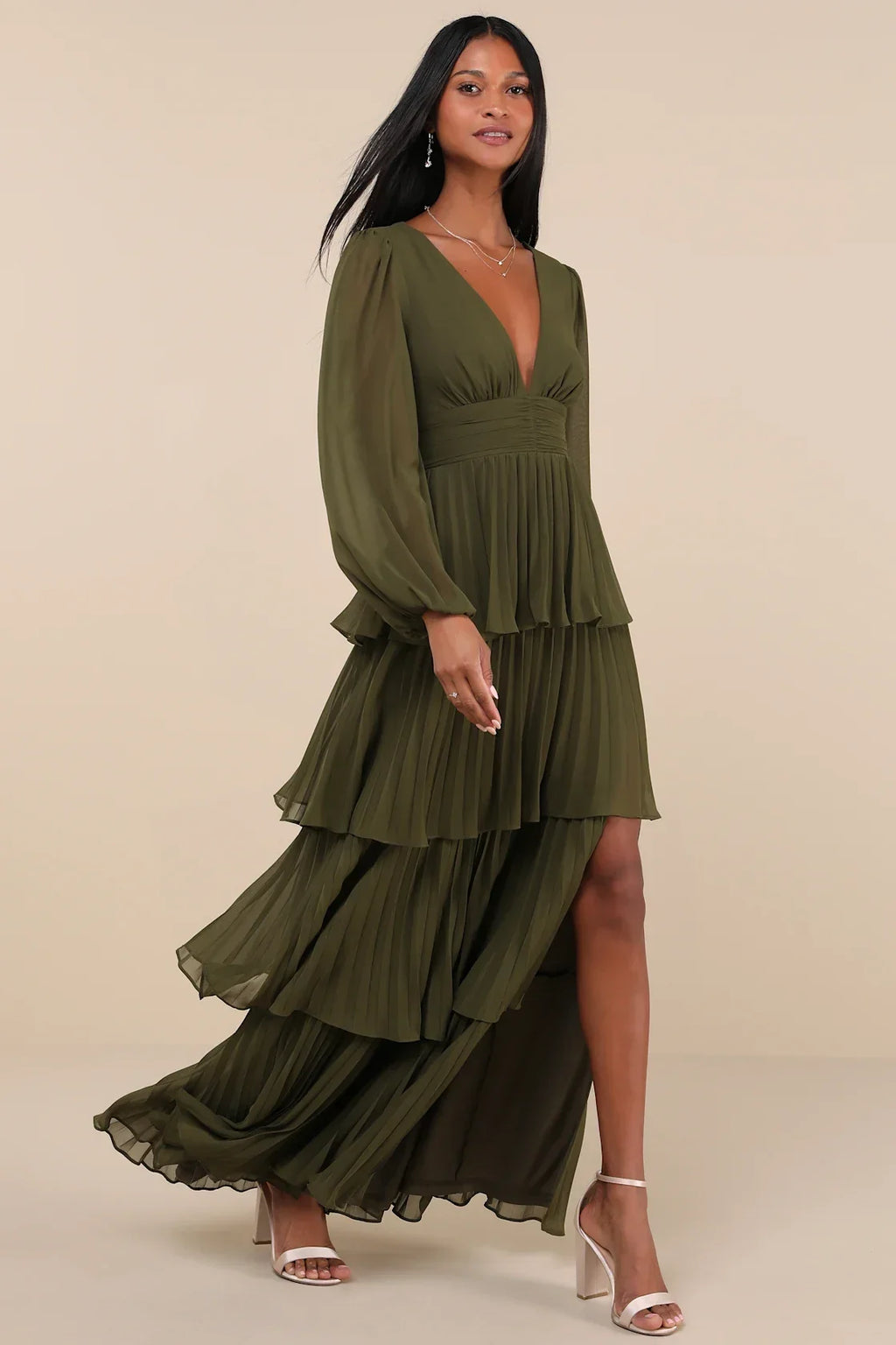 Graceful Finesse Navy Blue Pleated Long Sleeve Maxi Dress