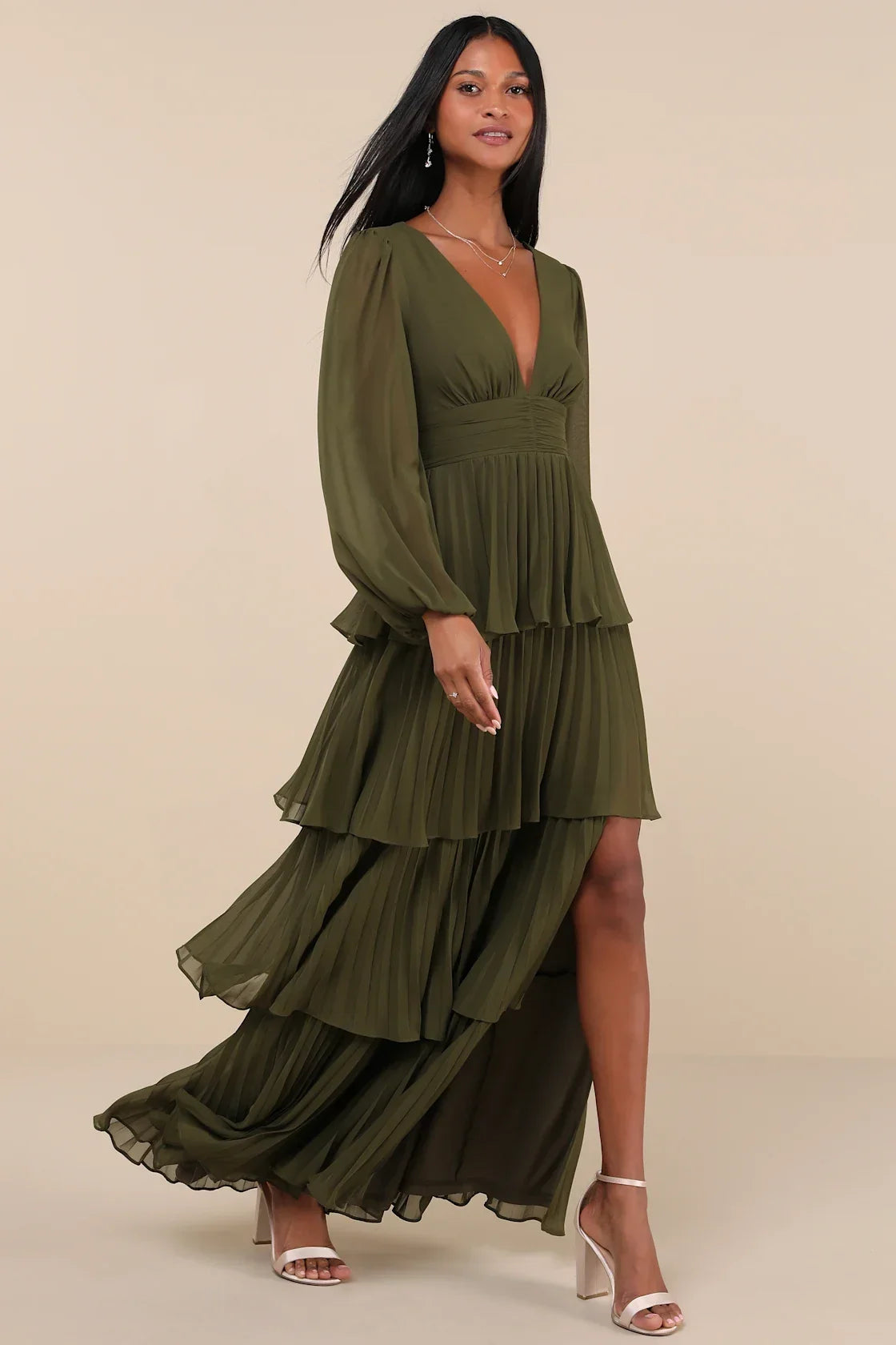 Graceful Finesse Navy Blue Pleated Long Sleeve Maxi Dress