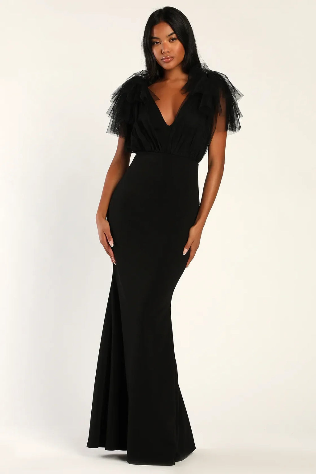 Fabulous Fun Black Tulle Flutter Sleeve Mermaid Maxi Dress