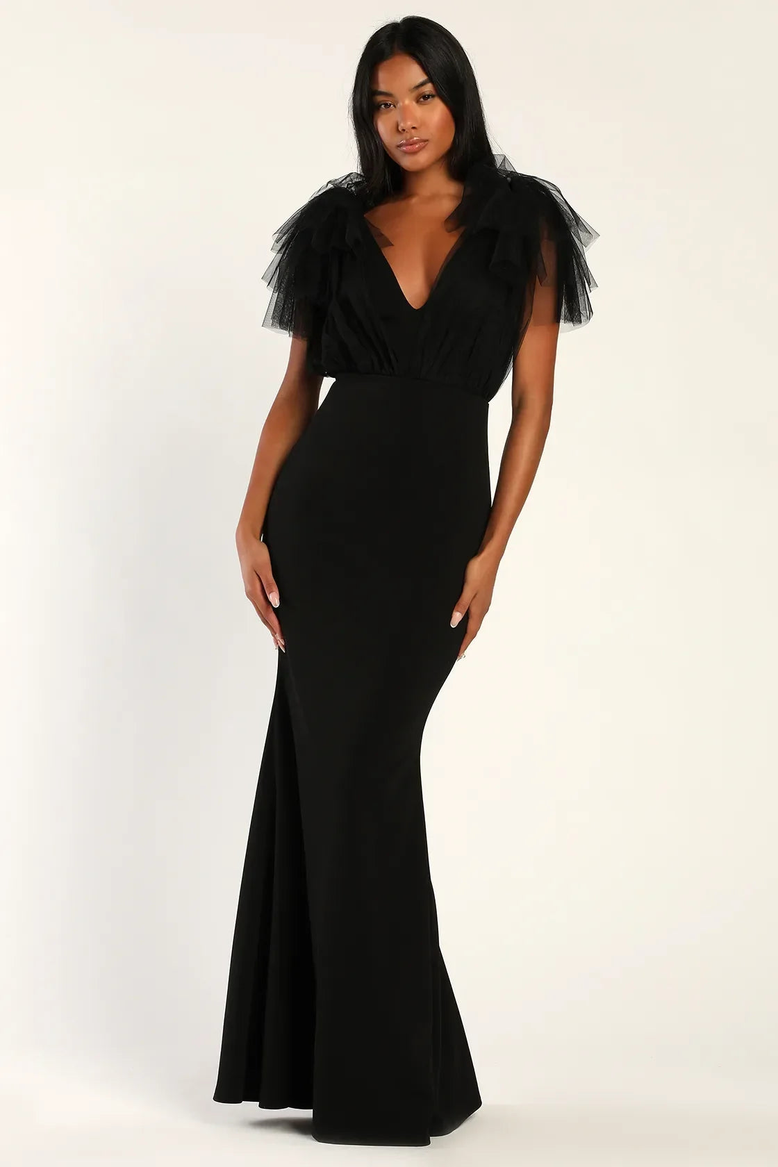 Fabulous Fun Black Tulle Flutter Sleeve Mermaid Maxi Dress