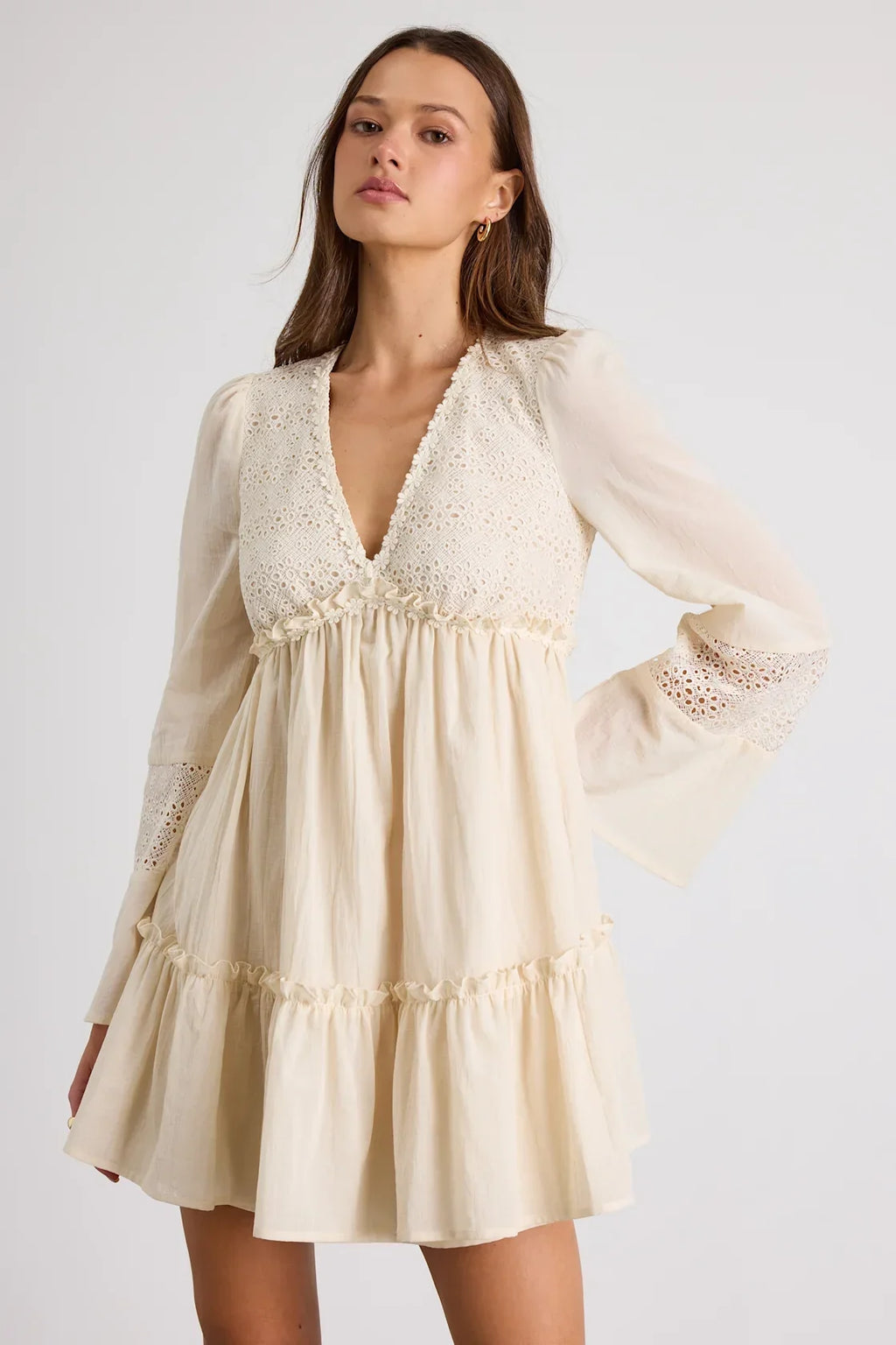 Dovelynn Cream Long Sleeve Baby Doll Mini Dress