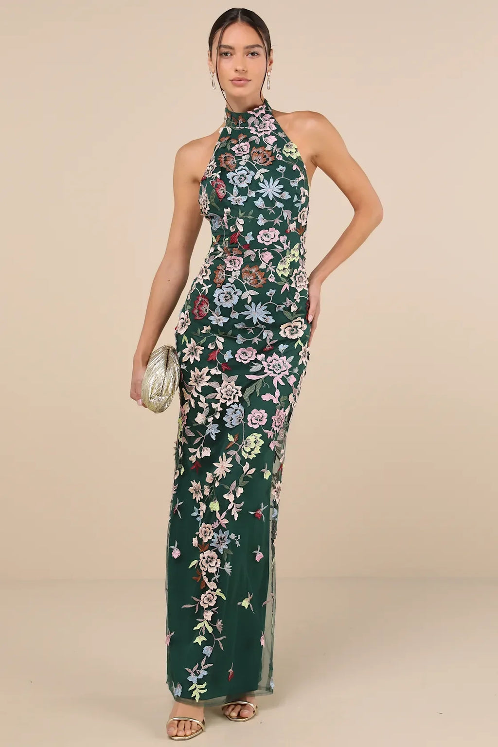 Infinite Praise Black 3D Floral Embroidered Halter Maxi Dress