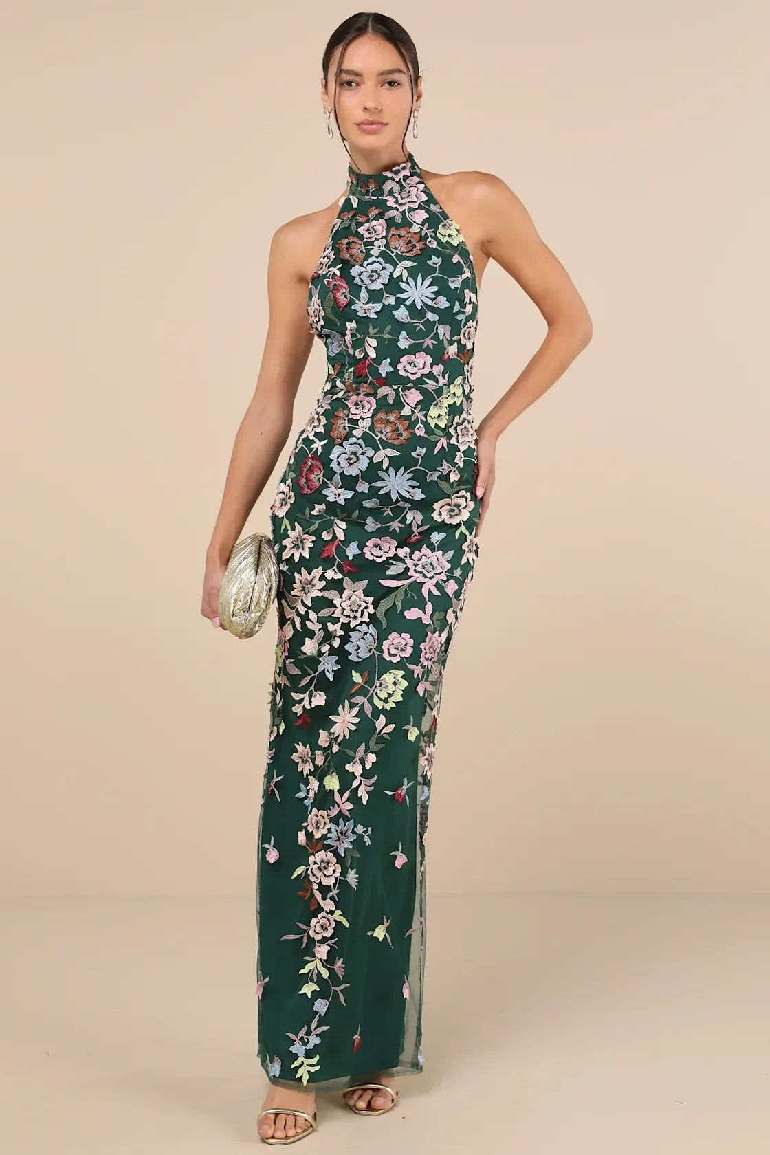 Infinite Praise Black 3D Floral Embroidered Halter Maxi Dress