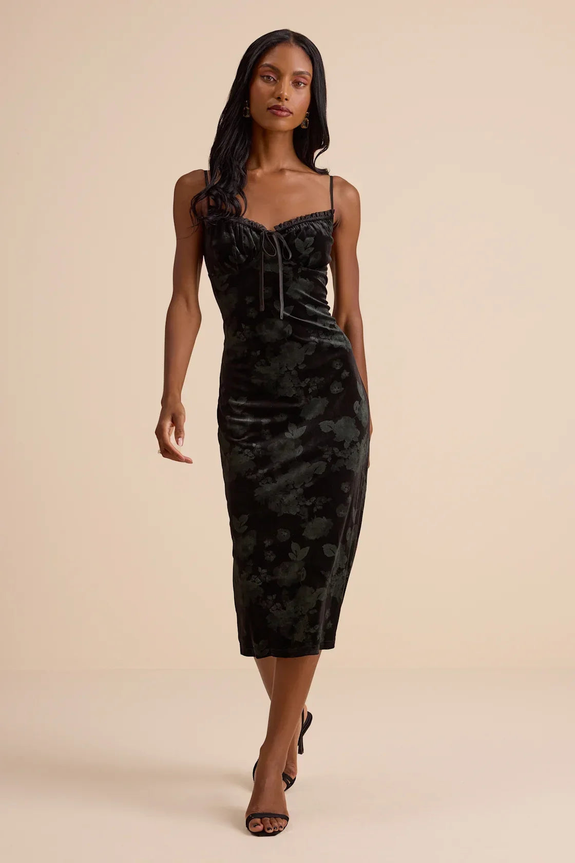 Areti Black Velvet Burnout Column Midi Dress