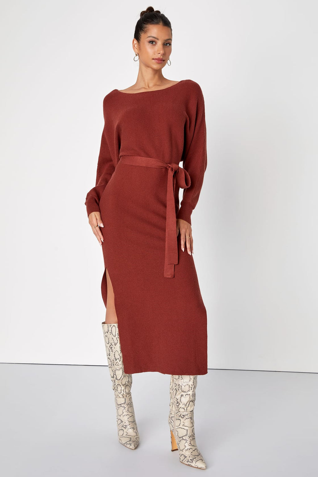 Cozy Captivation Rust Ribbed Dolman Sleeve Midi Sweater Dress