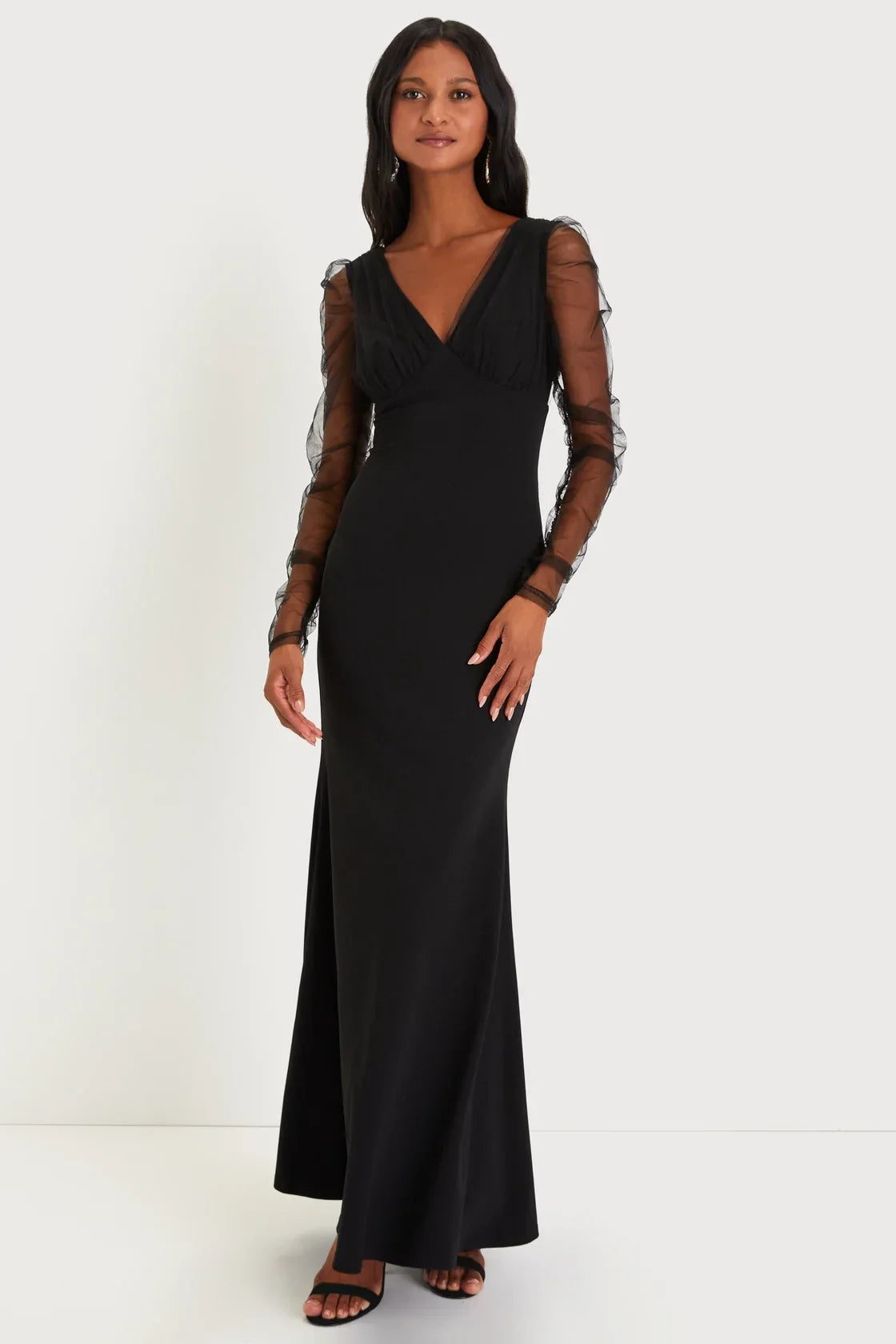 Red Carpet Energy Black Tulle Long Sleeve Mermaid Maxi Dress
