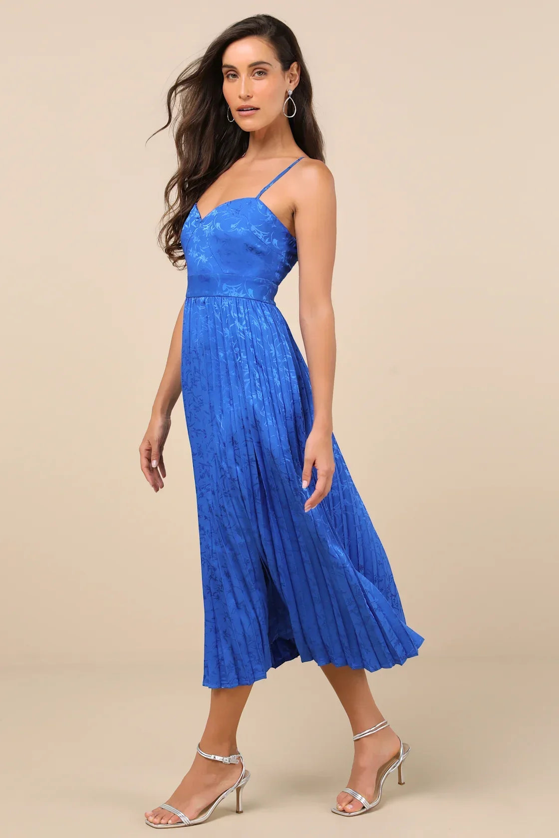 Regal Romance Black Floral Jacquard Pleated Satin Midi Dress