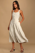 See the City Beige Button-Front Tiered Midi Dress