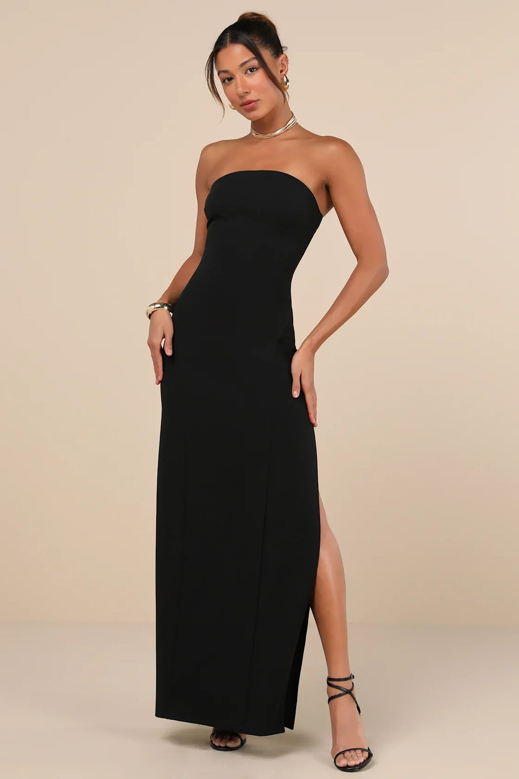 Famous Icon Black Strapless Column Maxi Dress