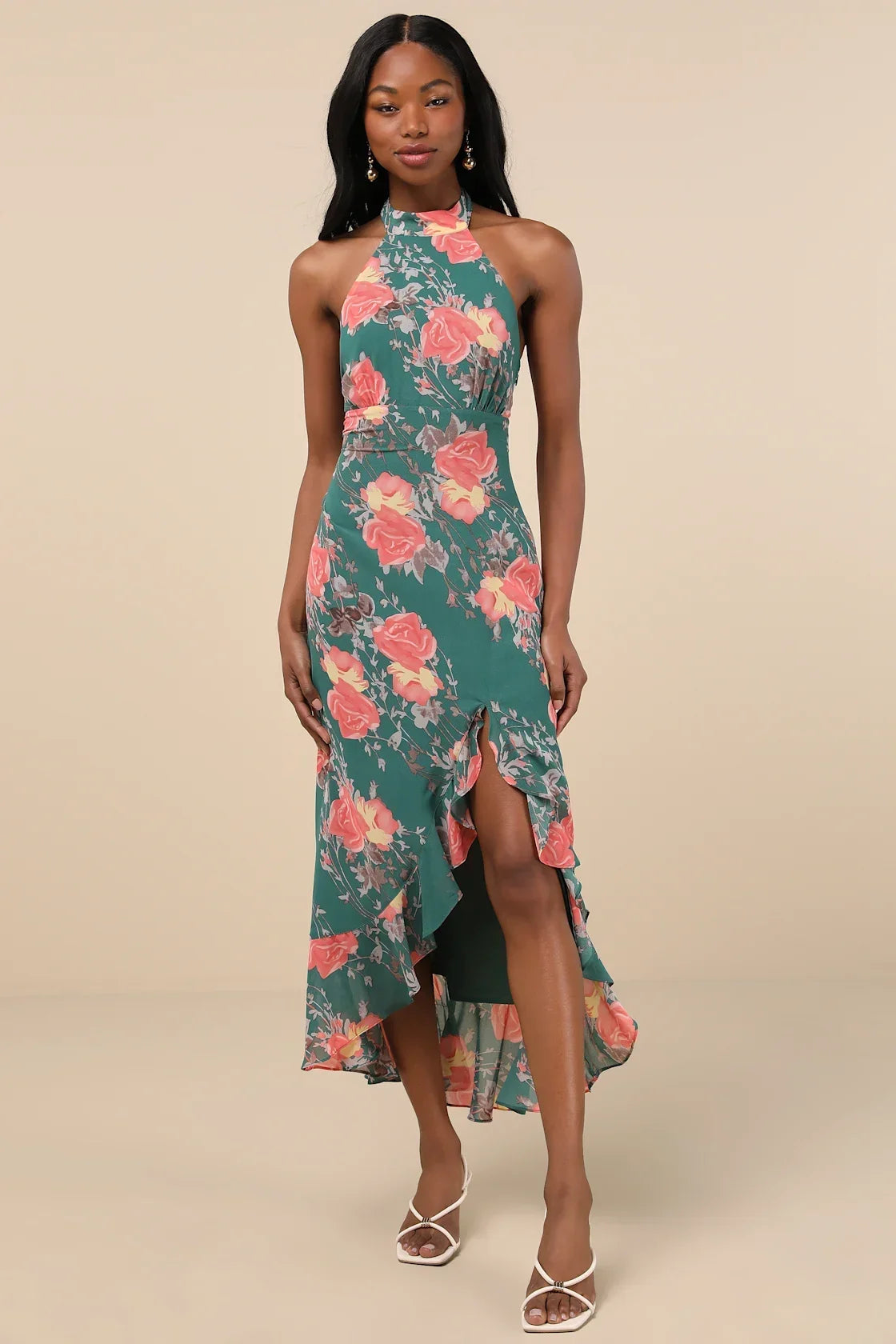 Elegant Entrance Black Floral Print Halter Maxi Dress