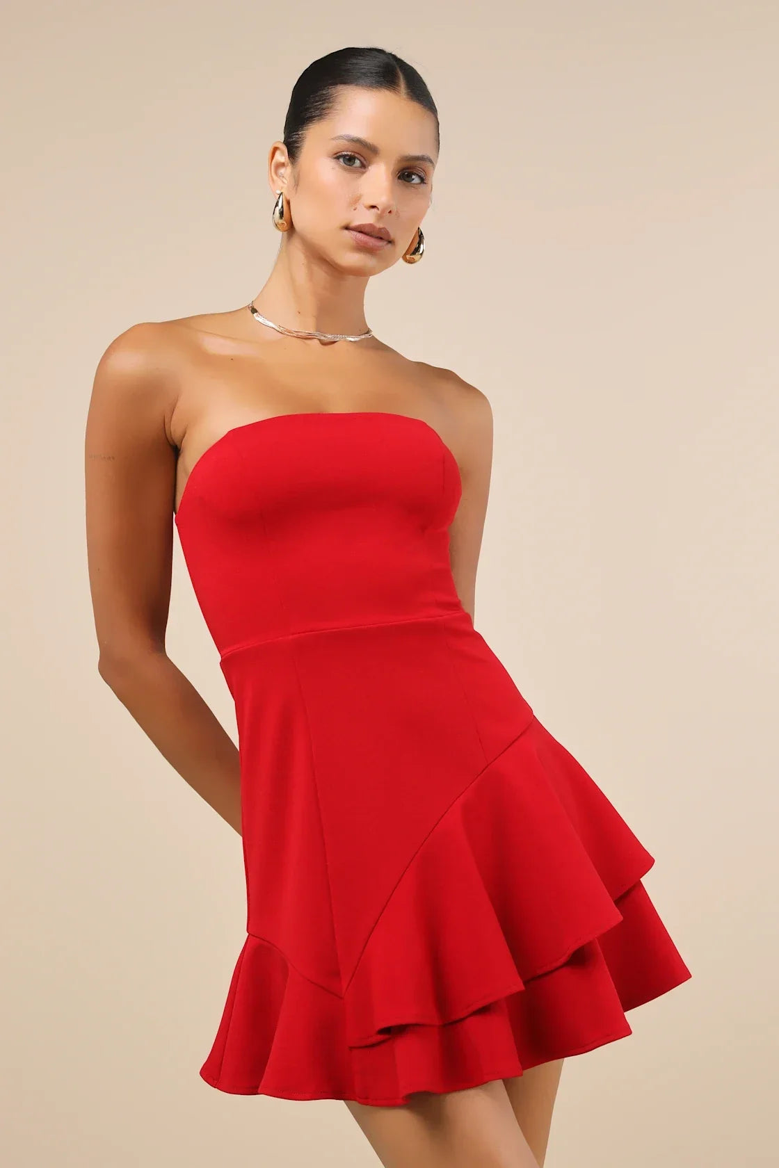 Sultry Intentions Black Strapless Ruffled Mini Dress