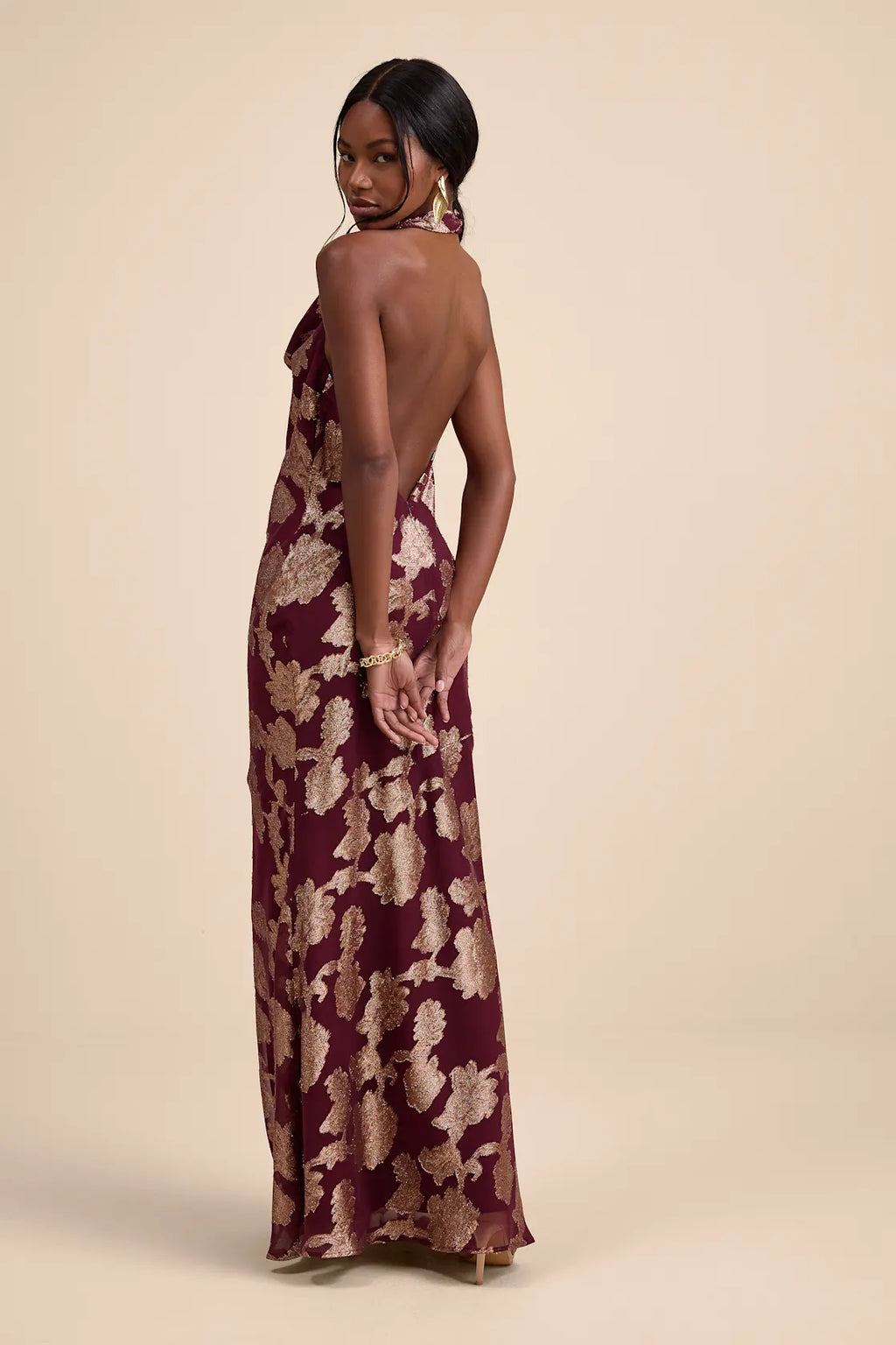 Kayleena Burgundy Sequin Rosette Tie-Back Shift Dress