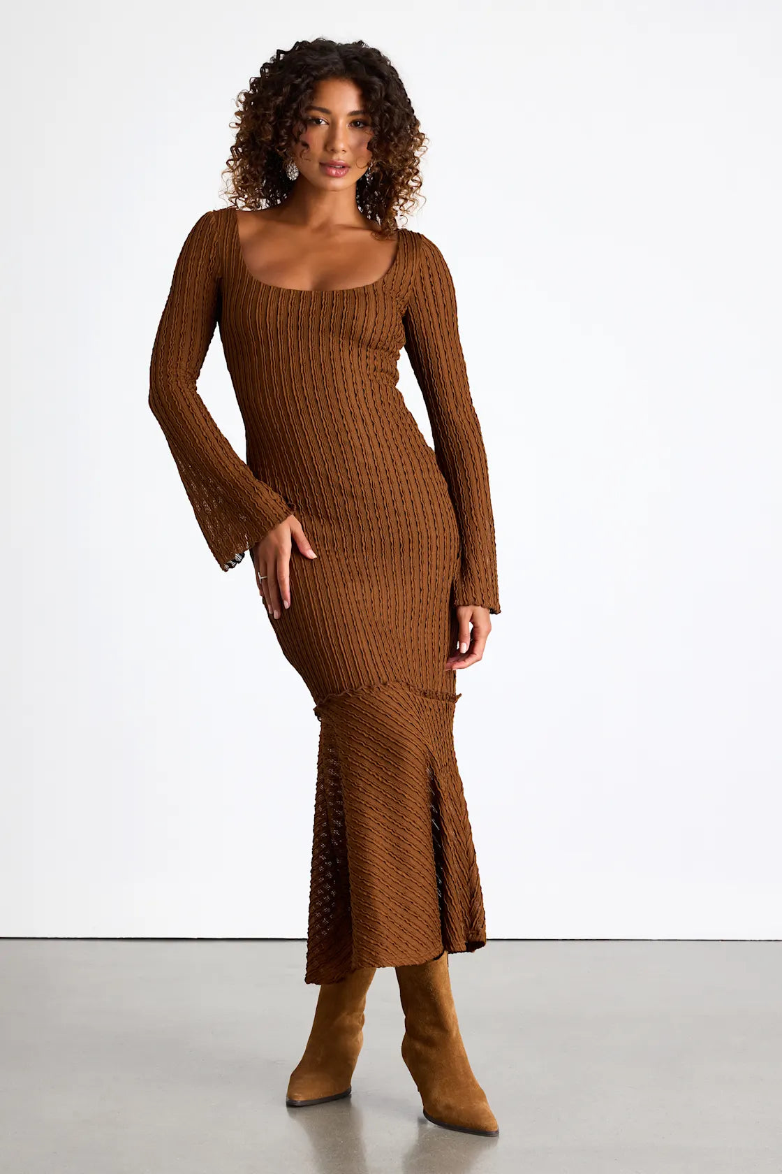 Nelida Brown Textured Long Sleeve Midi Dress